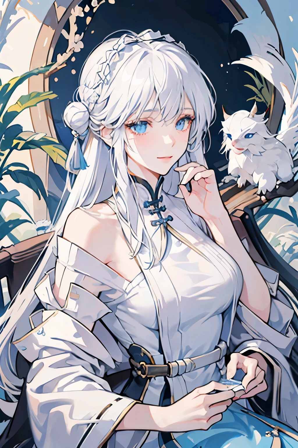 1 female, Long white hair with bangs, Mature face, Humanity, white magician, quiet, thin and long, ingenious, medium breasts, blue eyes, gentle smile,Exquisite hair accessories,A Chinese-style dress full of details