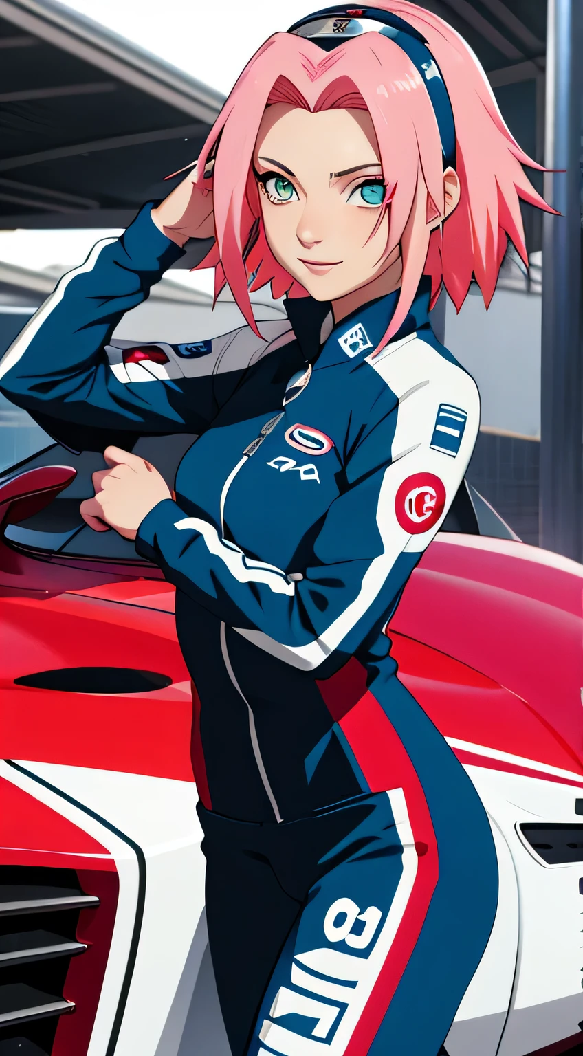 tmasterpiece, Best quality at best, 1girll, Sakura Haruno,Raised sexy,is shy,ssmile,with pink hair, long whitr hair, (Green eyeballs:1.4), Forehead protection, Pole Position, standing inside of her race car,s,anime style, bright colors, dynamic lighting, shiny finish, attention to detail, sparkling eyes, wearing a racing suit, blue racing car, exciting atmosphere, vivid expressions