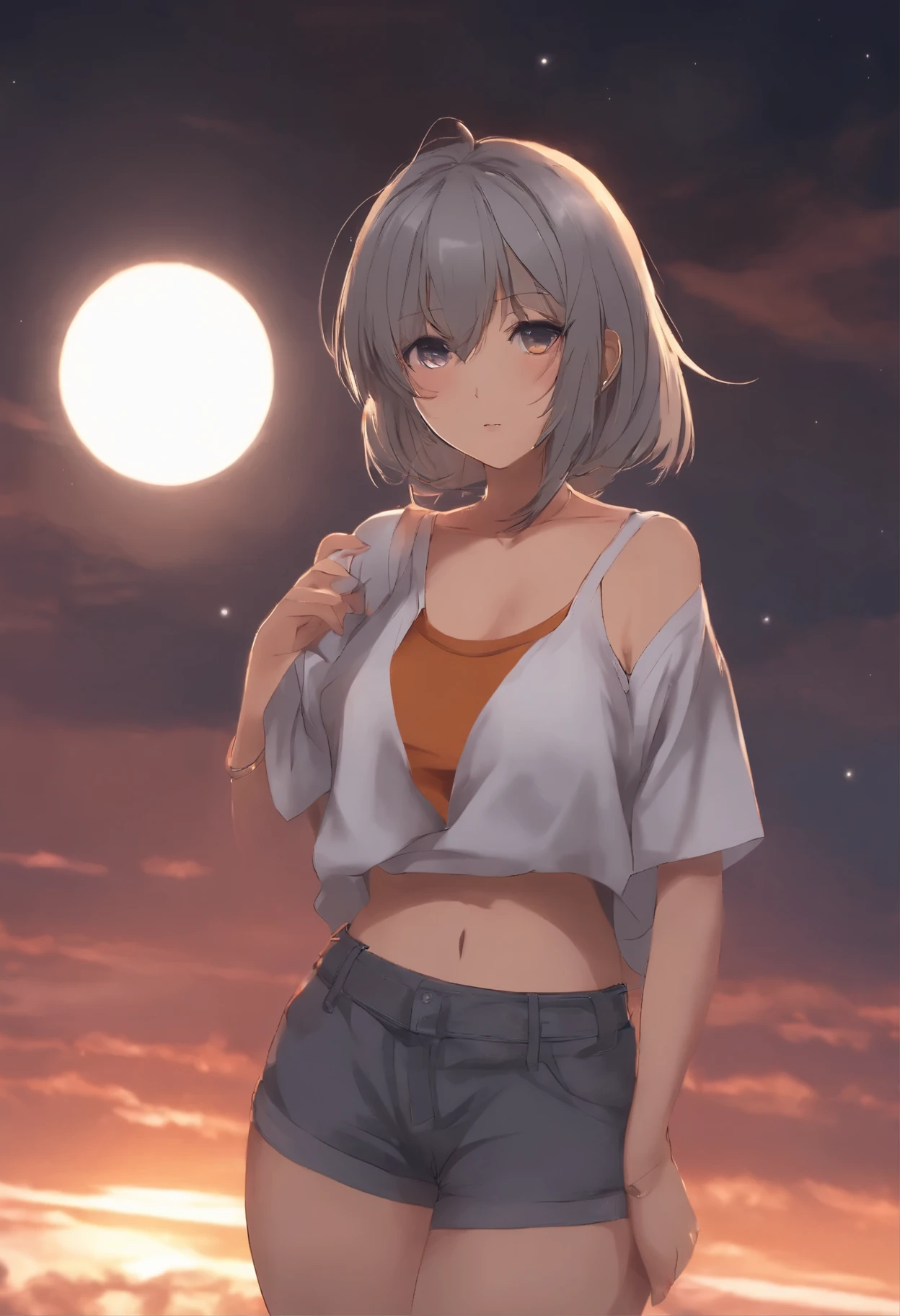 Anime girl with big breasts, with a ball, dressed in a navel-length T-shirt and short gray shorts, looks down.