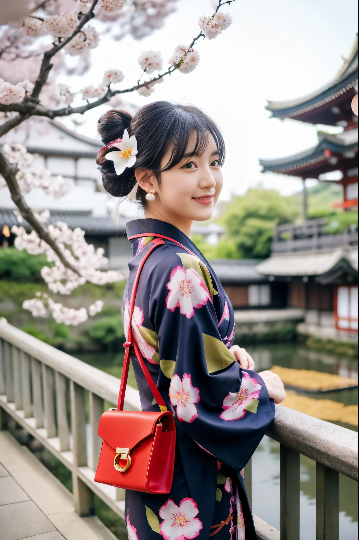 japanese clothes,kimono,looking at viewer,smile,floral print,hair ornament,blue kimono,outdoors,blurry,hair bun,flower,blurry background,hair flower,day,realistic,shrine,looking back,obi,black hair,depth of field,architecture,east asian architecture,yukata,short hair,earrings,blunt bangs,print kimono,sidelocks,3d,tied hair,voice actor,white flower,from side,building,from behind,photorealistic,looking to the side,tree,face,piercing,temple,eyelashes,portrait,eyebrows,closed mouth,black eyes,sunlight,long hair,hair up,road,bush,horror (theme),braces,red sash,wide sleeves,:d,medium hair,nape,sliding doors,long sleeves,new year,cherry blossom print,back bow,sky,stairs,ponytail,standing,ring,otoko no ko,stud earrings,railing,torii,close-up,furisode,handbag,