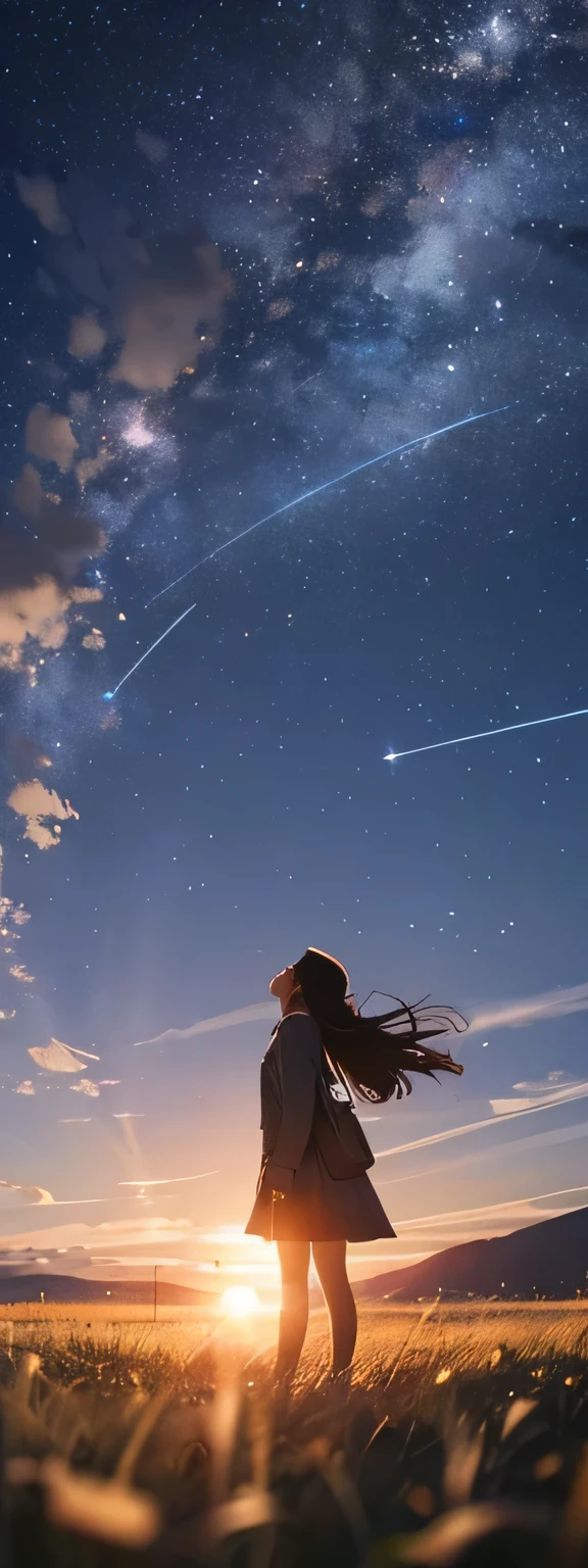 vast landscape photography, A girl standing on a meadow and looking up at the sky, suit, shooting star, firefly, dream