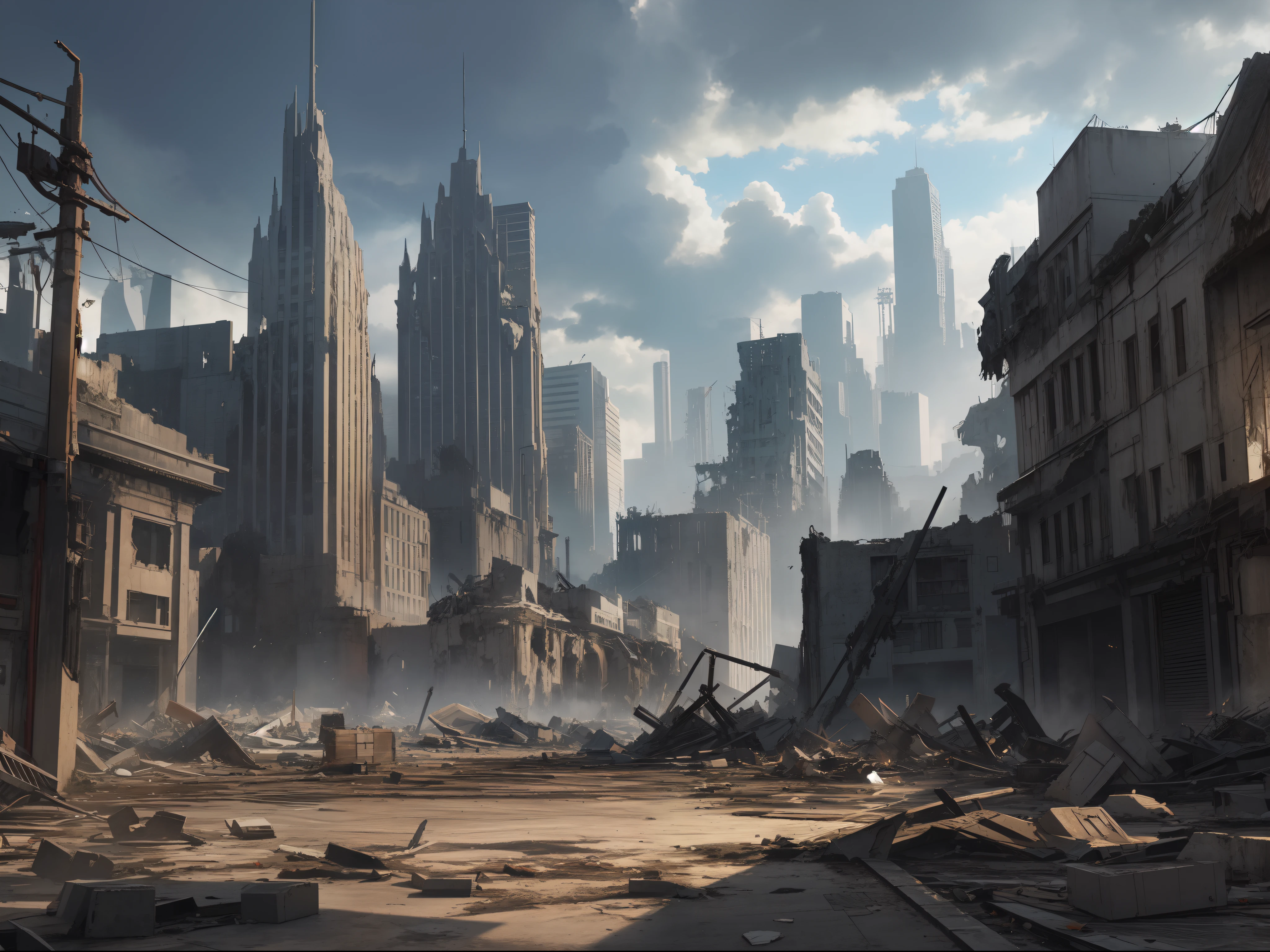 create a destroyed city in the background,