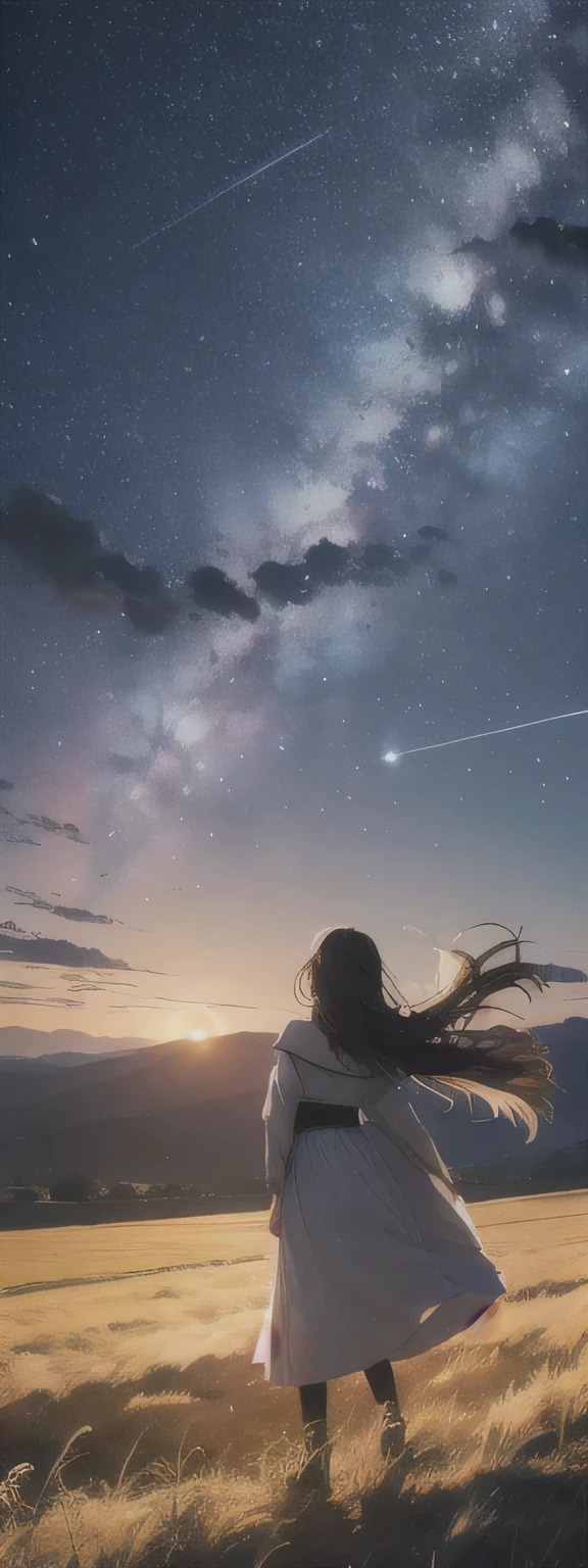 vast landscape photography, A girl standing on a meadow and looking up at the sky, suit, shooting star, firefly, dream