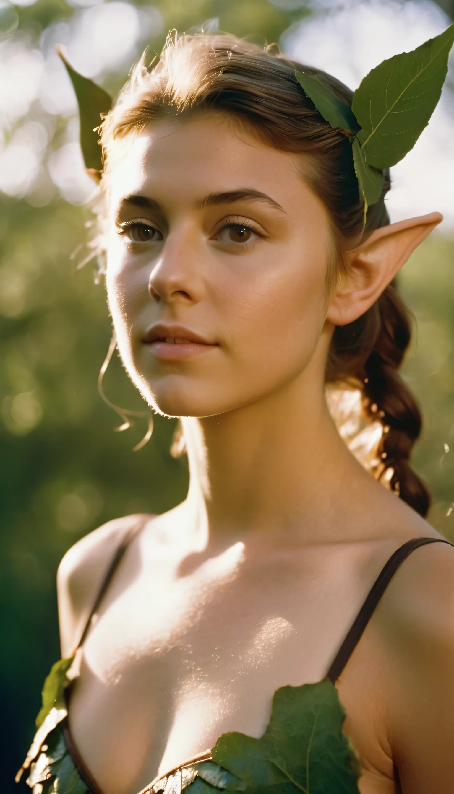 analog film photo, photo of a young girl, 18 years-old, (leaf-covered bra:1.1), elf, elf ears, long pointy ear tips, brown eyes, messy ponytail, light-brown sun-tanned skin, pretty, natural beauty, resembles a young Mary Elizabeth Winstead, humid day, elven forest, sweaty glistening off of skin, RAW Photograph, dslr, soft lighting, high quality, film grain, Fujifilm XT3, detailed skin with visible pores, insane details, masterpiece, 8k, 35mm photograph, dslr, kodachrome, faded film, desaturated, 35mm photo, grainy, vintage, Kodachrome, Lomography, stained, highly detailed, found footage, full-body, elven ears