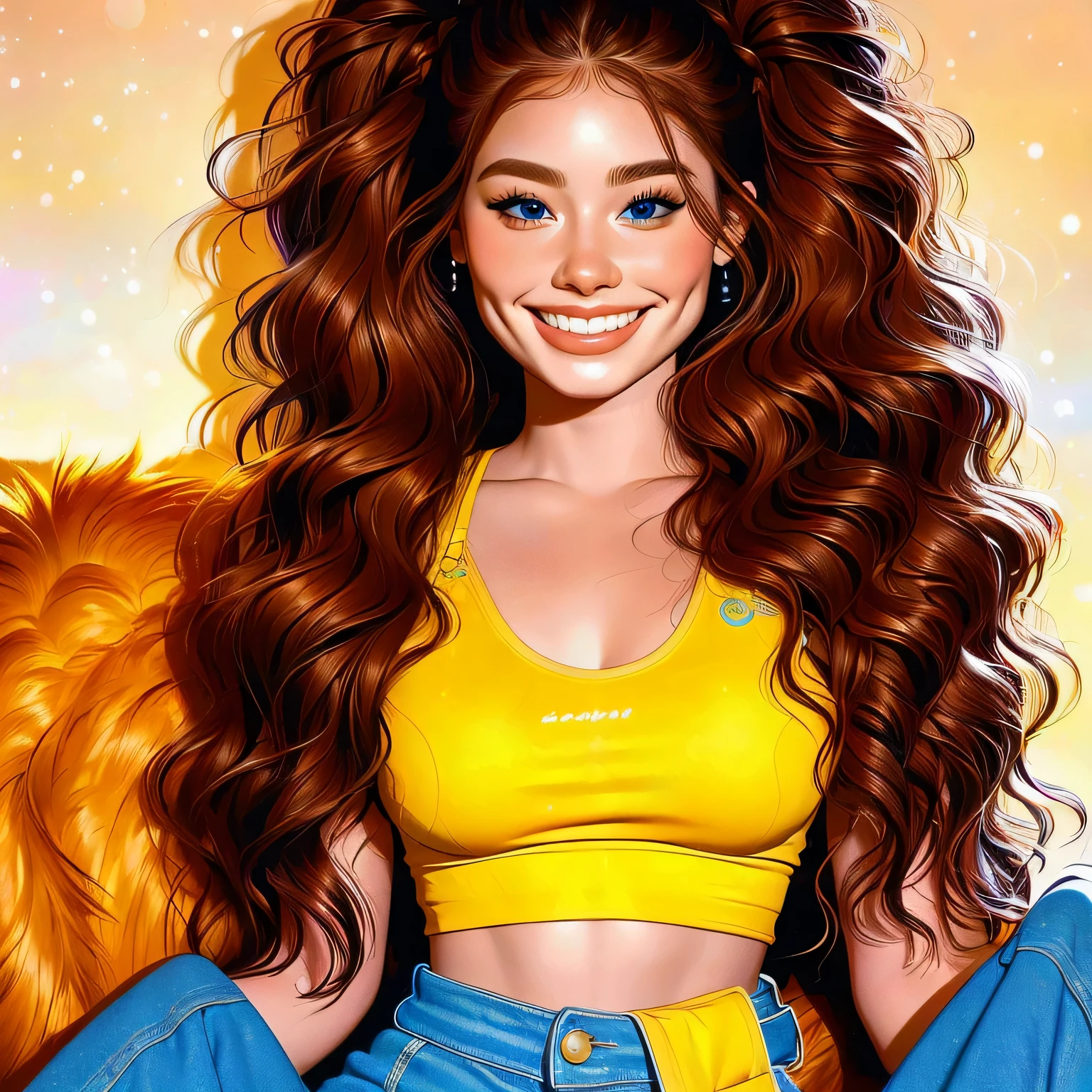 1girl, (solo), (masterpiece, best quality), (finely detailed beautiful eyes), blue_eyes, (long_hair), (auburn_hair), (wavy hair), (space buns), denim shorts, yellow crop top, (tan skin), (beautiful), (smiling), (dimples), cute art style, cute detailed digital art, beautiful digital illustration, highly detailed character design, light eyelashes