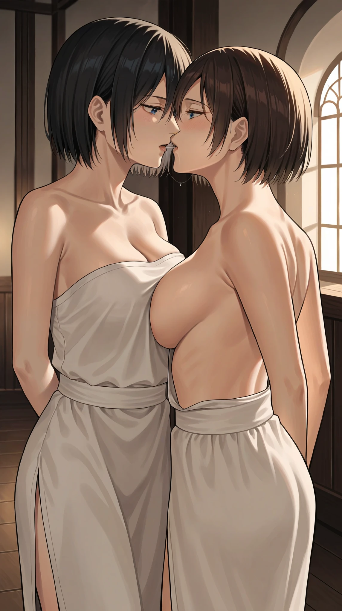 score_9, score_8_up, score_7_up, score_6_up, (by blade \(galaxist\):.6), (by null:.5), flat color, 2girls, yuri, attack on titan, mikasa, annie leonhart, annie and mikasa, depressed, bags under eyes, half-closed eyes, standing, pov, front view, girls kissing, pov, delinquent, flat shading, minimalism, blue eyes, medieval home, indoors, medieval interior, arms behind back, saliva, seductive expression, large breasts, kissing, girls kissing each other, kiss, ((kissing)), yuri, mikasa and annie embrace each other, mikasa and annie kissing each other