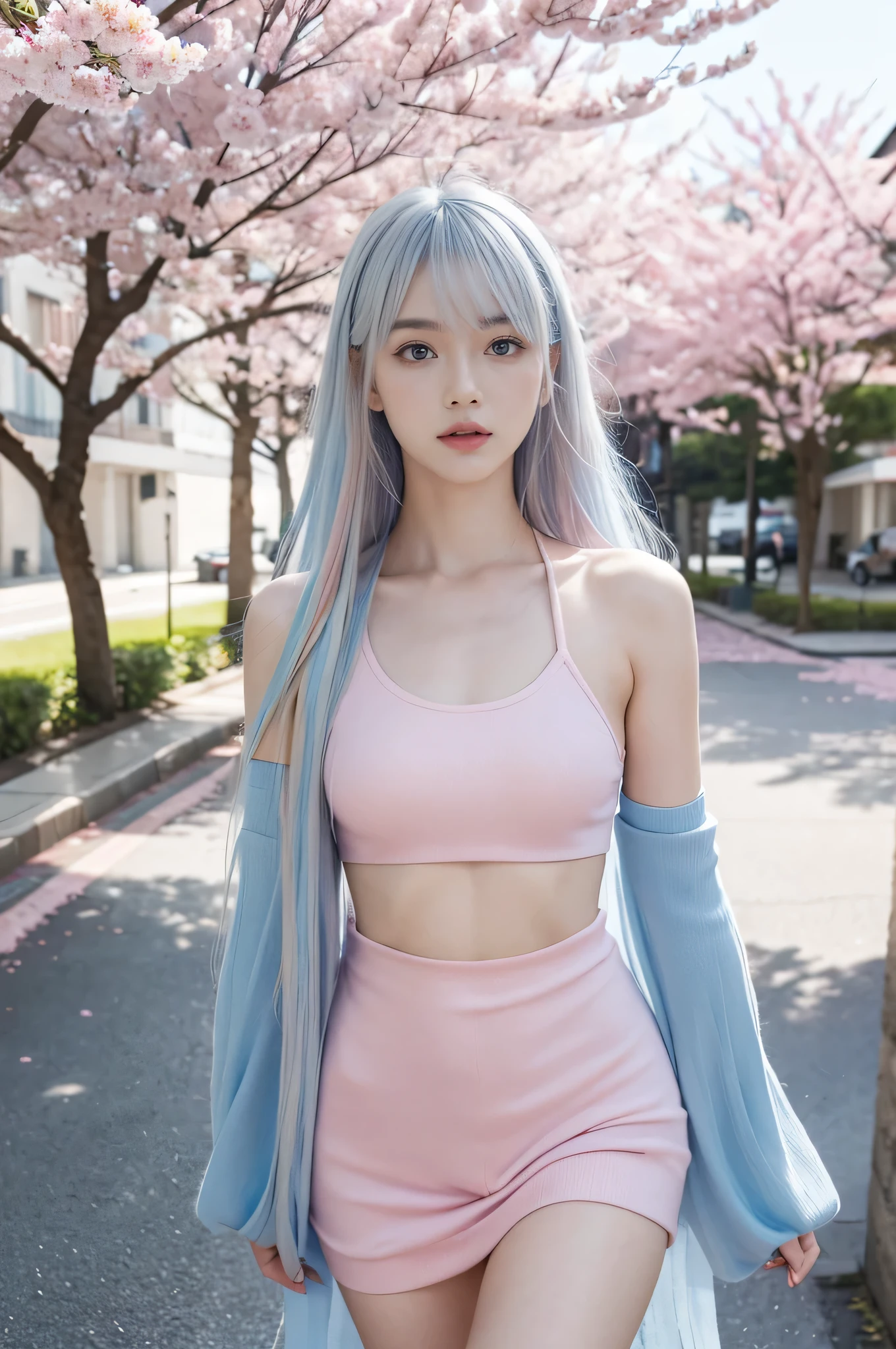 Realistic photos、Soft natural light、2 cute models、19 years old, smooth soft skin、(Light blue eyes), (bangs, long hair, multicolored hair, gradient hair, two-tone hair, silver hair, pink hair, blue hair:1.2) 、Natural skin texture、hair long、Soft lighting、Detailed face、sharp facial features, Photo Realism、looking into the camera、front body、realistic painting、SHARP FOCUS、8k, nude with open shirt, bra stickers and panties, perfect composition、Trending on Artstation、extremly detailed、photographic、Smooth and intricate details like a movie、studio photography、extremly detailed、detailed hairstyle、sharp face, Blooming Pink Sakura Trees in Background, goddess walking down a street lined with sakura pink trees on both sides, full body pose, very slim and sexy body, atheletic body, model body,