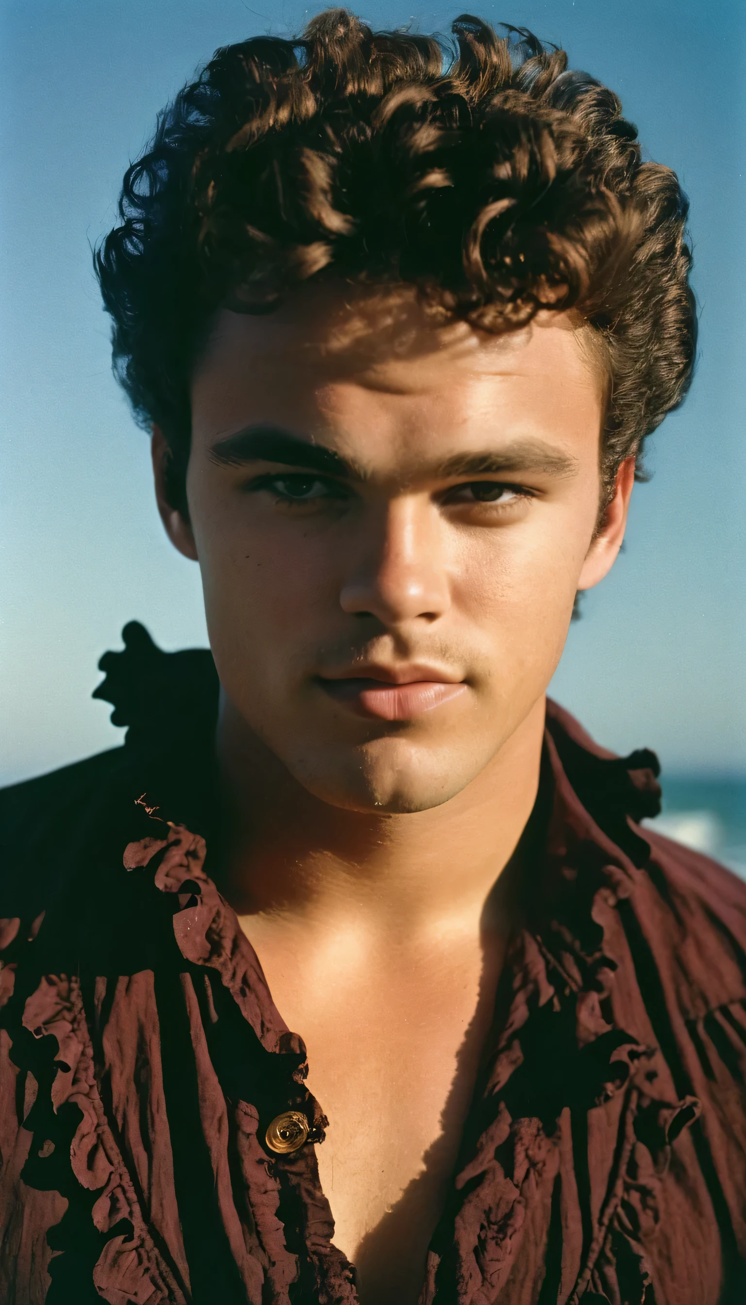 Vintage photo of a young man, 25 years-old, brown-black hair, short curly quiff haircut, brown eyes, body hair, caucasian, round face, oval-shaped jawline, bulbous nose, full lips, thick eyebrows, soft features, stocky broad frame, chubby, overweight, handsome, resembles John C Reilly, wearing a ruffled pirate shirt, hairy chest, silhouette, backlit, split lighting, half face in shadow, RAW Photograph, dslr, hard lighting, hard shadows, high quality, film grain, Fujifilm XT3, detailed skin with visible pores, insane details, masterpiece, 8k, 35mm photograph, dslr, kodachrome, faded film, desaturated, 35mm photo, grainy, vintage, Kodachrome, Lomography, stained, highly detailed, found footage