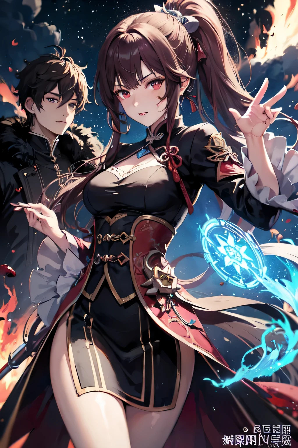 1boy, 1girl, chinese clothes, ponytail , black hair, red eyes, brown hair, green eyes, magic circle, blue fire, blue flames, wallpaper, portrait, novel cover, blood, blood splatter, depth of field, night, light particles, light rays, sidelighting, fate \(series\), genshin impact, ****, open, cloud