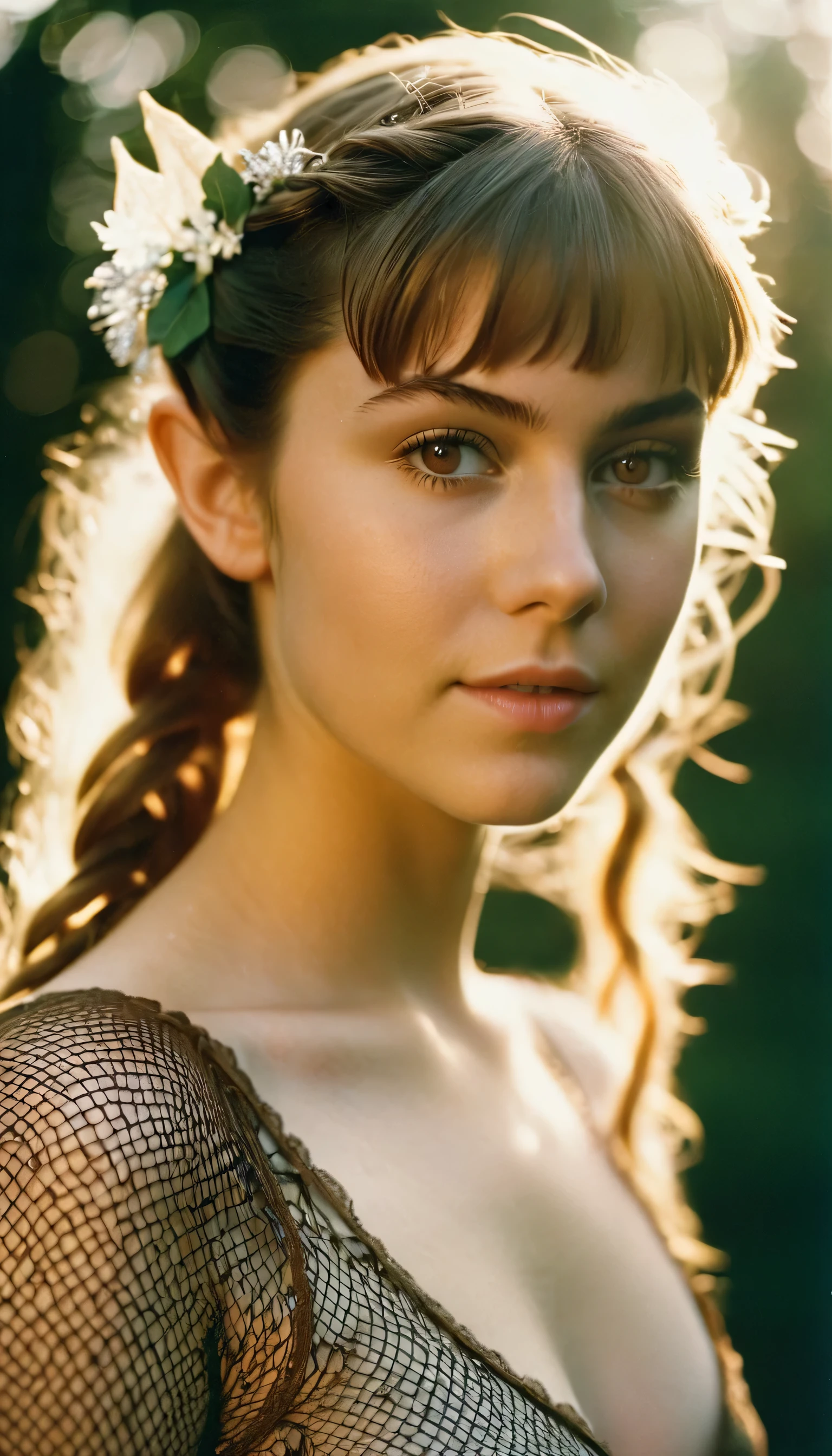 analog film photo, photo of a young girl, 18 years-old, (sun dress:1.1), elf, elf ears, long pointy ear tips, brown eyes, messy ponytail, light-brown sun-tanned skin, pretty, natural beauty, resembles a young Mary Elizabeth Winstead, humid day, elven forest, sweaty glistening off of skin, RAW Photograph, dslr, soft lighting, high quality, film grain, Fujifilm XT3, detailed skin with visible pores, insane details, masterpiece, 8k, 35mm photograph, dslr, kodachrome, faded film, desaturated, 35mm photo, grainy, vintage, Kodachrome, Lomography, stained, highly detailed, found footage, full-body, elven ears