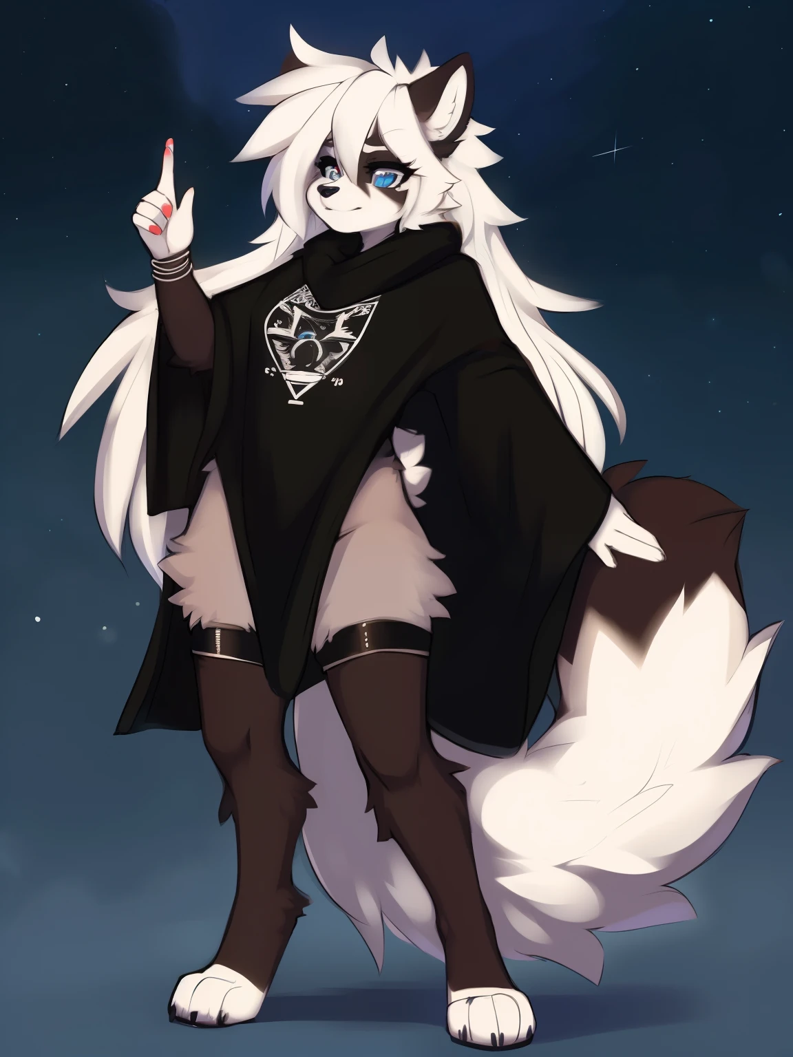 ((masterpiece, best quality)) by zackary911,zackary911, fluff-kevlar, by fluff-kevlar. raccoon anthro, female white fur. white hair. one character, blue eyes, furry female, female, fluffy fur, big fluffy tail, fluffy fur neck, long hair, black poncho, fluffy fur, full body. full height, serious face, night background