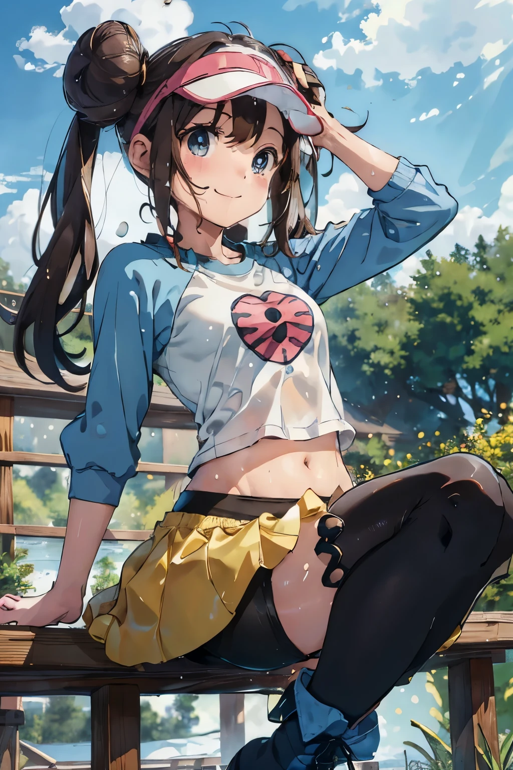 table top、highest quality、High resolution、1 girl、alone、low length、thin legs、belly button、smile、、dark brown hair、bun hair、blue eyes、long twin tails、visor cap、((black tights、boots))、(raglan sleeves、Yellow shorts)、pink ribbon、clock、Hot springs in the countryside、splash of water、soaking wet、Drops dripping、Water is running down my thighs、A photo of the subject taken from below、(Are standing、dancing)、sexual pose、spread your legs、stepping on、put one foot in front of the other