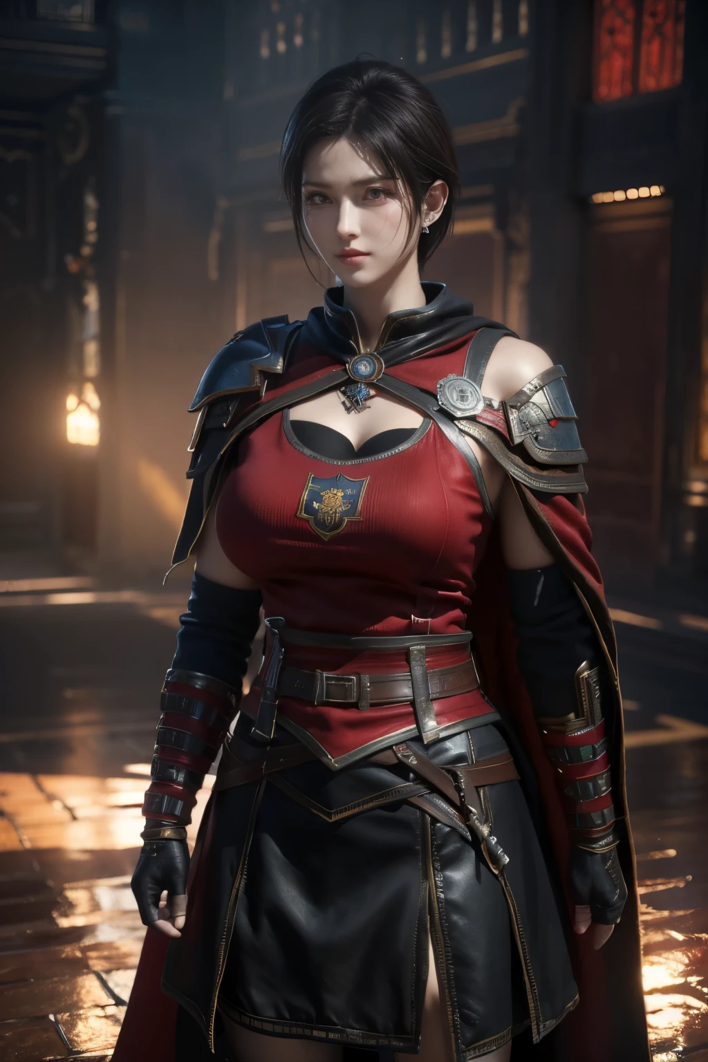 Masterpiece,Game art,The best picture quality,Highest resolution,8K,(Portrait),Unreal Engine 5 rendering works,(Digital Photography),
Girl,Beautiful pupil,(Gradual short hair is blue and red),Busty,(Big breasts),
(Soldiers of the ancient fantasy style),Ancient soldier armor,(The armor is inlaid with leather and metal,Combat accessories,Joint Armor,Cloak,A fine badge pattern on the dress,Red and black),Ancient fantasy style characters,
Movie lights,Ray tracing,Game CG,((3D Unreal Engine)),OC rendering reflection pattern