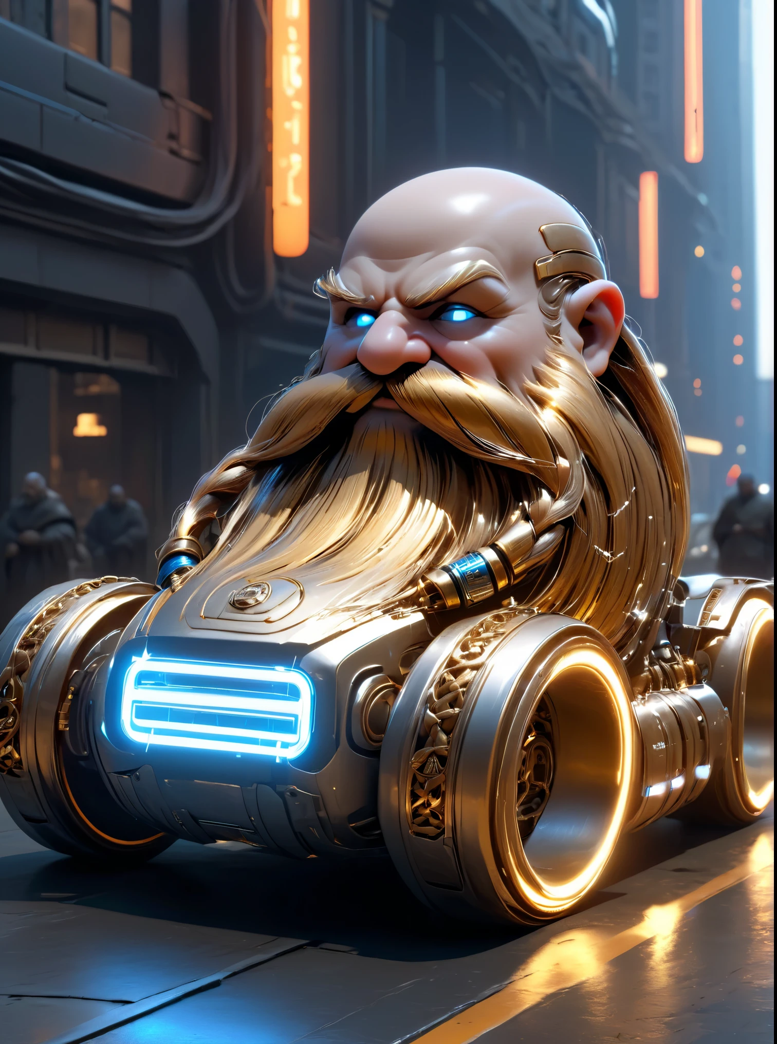 cybernetic robot  ultra detailed, masterpiece,  Harry_Dwarf,  dwarf-like, flowing long Silver|gold beard, twirly moustache,bald, bangles, back lighting, cinematic neon lighting, in a city, android, vehicles, machine, metal, wires, tech, futuristic, (ultra-detailed, highres, high-quality, high-saturation) blue