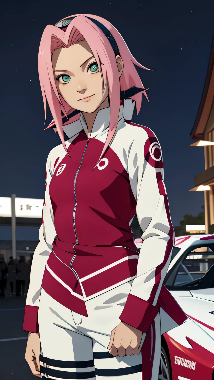 tmasterpiece, Best quality at best, 1girll,Sakura Haruno,Raised sexy,is shy,ssmile,with pink hair, long whitr hair, (Green eyeballs:1.4), Forehead protection, race circuit at night, standing next race car,long sleeve, blue colour race suit,full zipper
