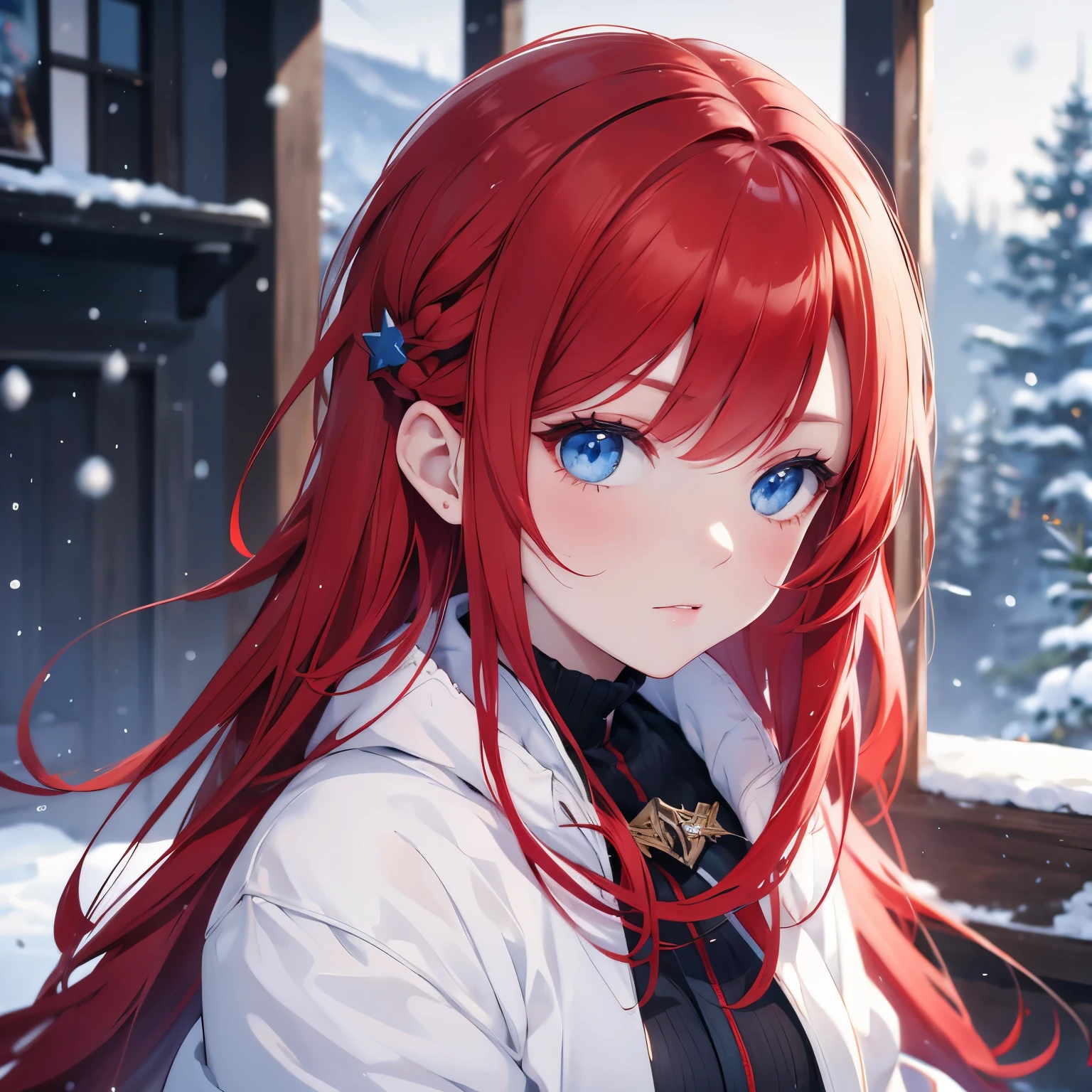 Red hair, blue eyes, sitted, snow 