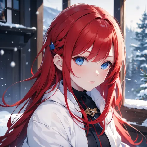 red hair, blue eyes, sitted, snow