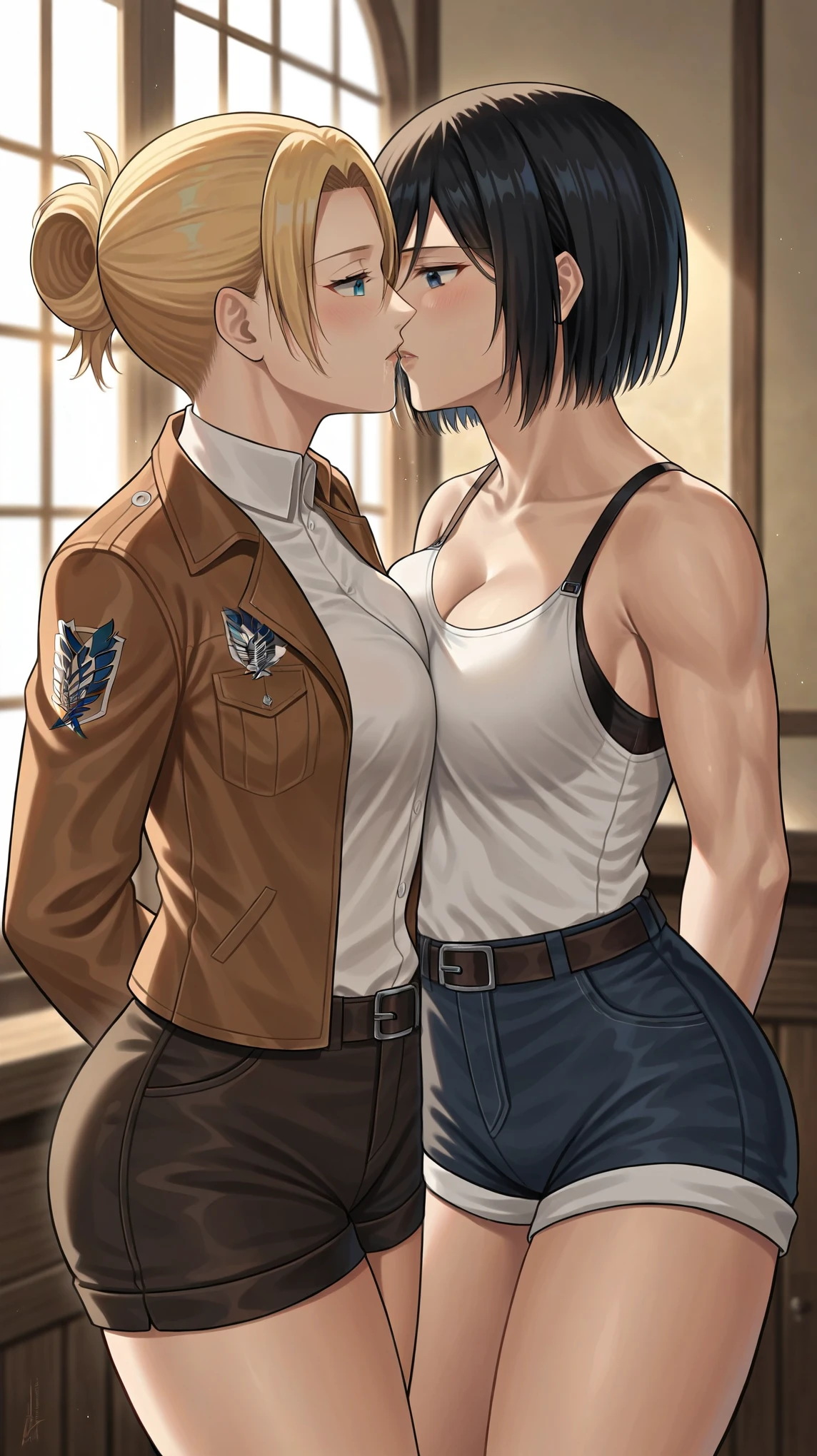 score_9, score_8_up, score_7_up, score_6_up, (by blade \(galaxist\):.6), (by null:.5), flat color, 2girls, yuri, attack on titan, mikasa, annie leonhart, annie and mikasa, depressed, bags under eyes, half-closed eyes, standing, pov, front view, girls kissing, pov, delinquent, flat shading, minimalism, blue eyes, medieval home, indoors, medieval interior, arms behind back, saliva, seductive expression, large breasts, kissing, girls kissing each other, kiss, ((kissing)), yuri, mikasa and annie embrace each other, mikasa and annie kissing each other, annie leonhart (short, blonde, wearing brown leather stocking, wearing brown leather jacket, shorts), mikasa (tall, black hair, muscular)