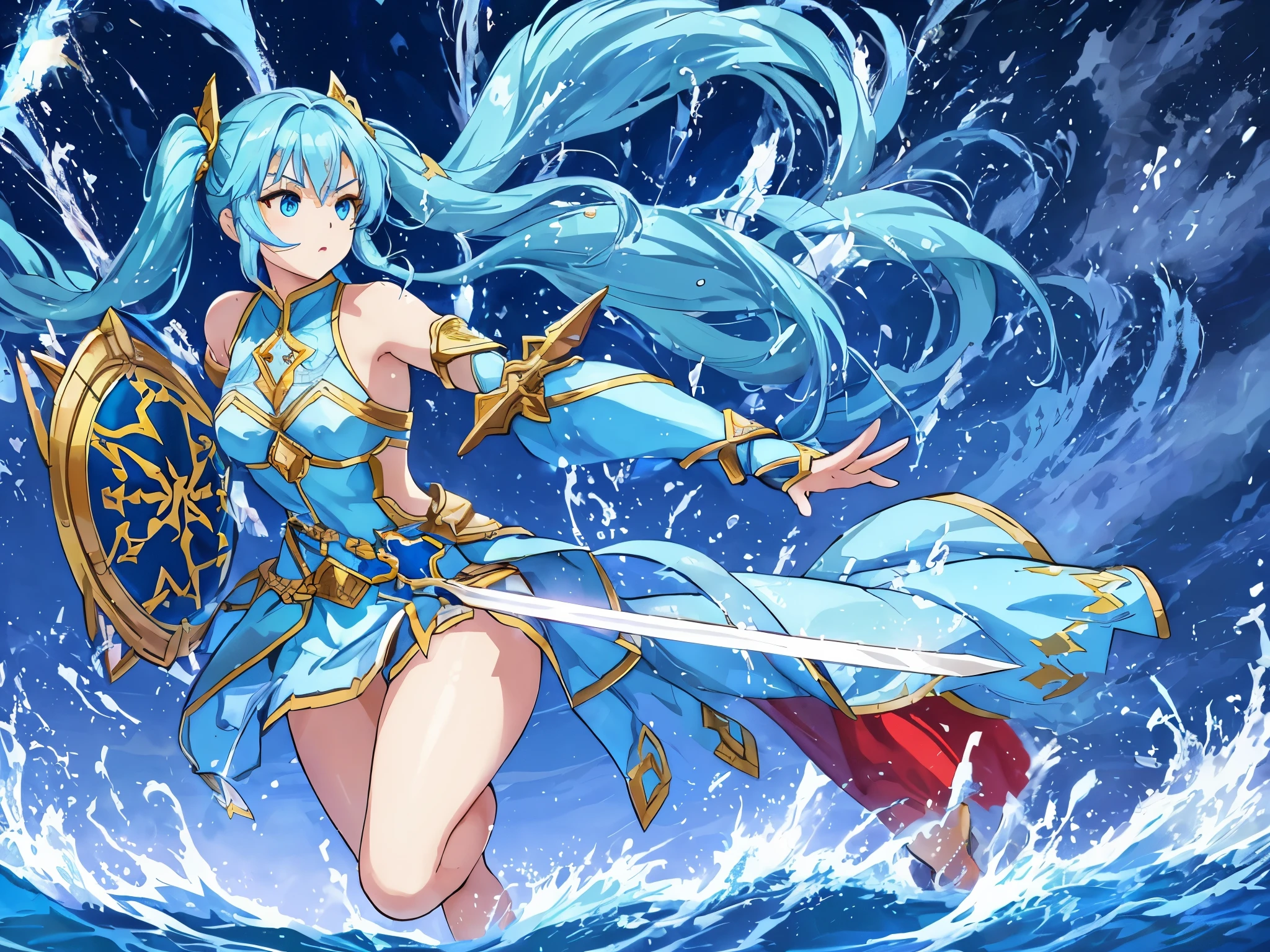 light blue long hair、Beautiful girl with twin tails, A large shield and sword in hand、Dynamic mode、Dressed like a fighting beautiful girl warrior:1.2,  dream-like shine, Running on the sea、splash art、