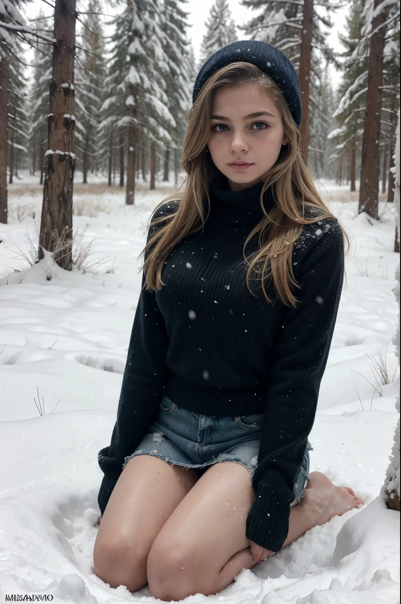 obra maestra, Mejor calidad,  Russian girl, joven, Hands in esposas (esposas), mujer rubia , ondulado, Cabello de longitud media sin peinado., Nieve sobre el cabello mojado , Vestido corto con manga larga., Bracelet on left wrist, collar alrededor del cuello, Medias caladas negras, High heels, Su piel estaba cubierta de piel de gallina., Kneeling in deep snow in the middle of a winter forest, mira a lo lejos, Bosque salvaje nevado, Hace Cold, nevando, hermosa cara, Se congela, Los labios se vuelven azules, cuerpo delgado, piernas bien formadas, vapor de la boca, Tears en los ojos, Spread mascara around your eyes. ,aturdido, mirada asustada ,Nieve profunda, Los copos de nieve estan cayendo, El cuerpo se pone rojo ,Cold, Tears, histerismo, miedo, pleas for mercy, pelo lanudo,
