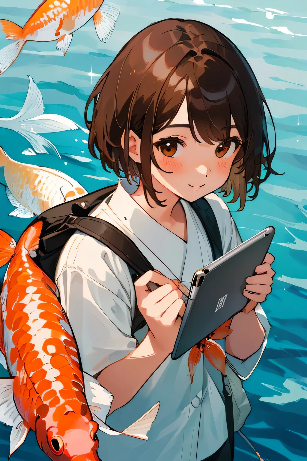 beautiful girl with short shoulder-length hair, Brown eyes, Smile on your face, detailed image, Correct facial features, Painted Hands, White shirt, brown backpack on shoulders, holding a tablet in his hands, looks at us, Koi fish swimming around, is under water