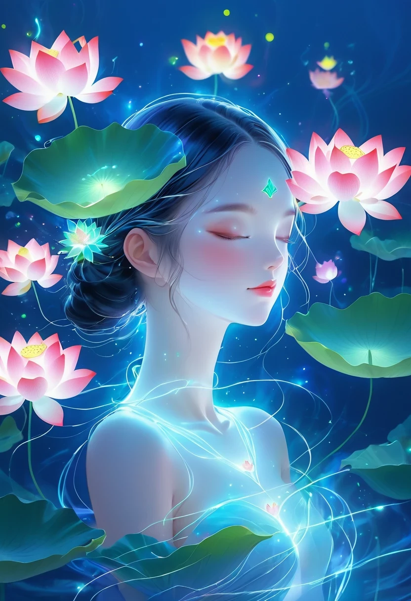 (masterpiece, best quality:1.2), digital art style, charming illustration,peace pictures，1 girl, Wearing a lotus flower on his head，alone，body glow，glowing line，fluorescence,Luminous example，Tracking example，flash，萤light particles，backlight，translucent，light particles，correct human anatomy，