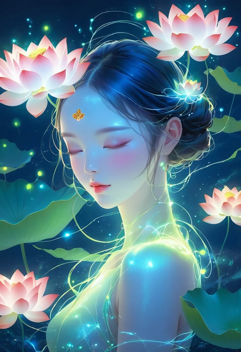 (masterpiece, best quality:1.2), digital art style, charming illustration,peace pictures，1 girl, Wearing a lotus flower on his head，alone，body glow，glowing line，fluorescence,Luminous example，Tracking example，flash，萤light particles，backlight，translucent，light particles，correct human anatomy，