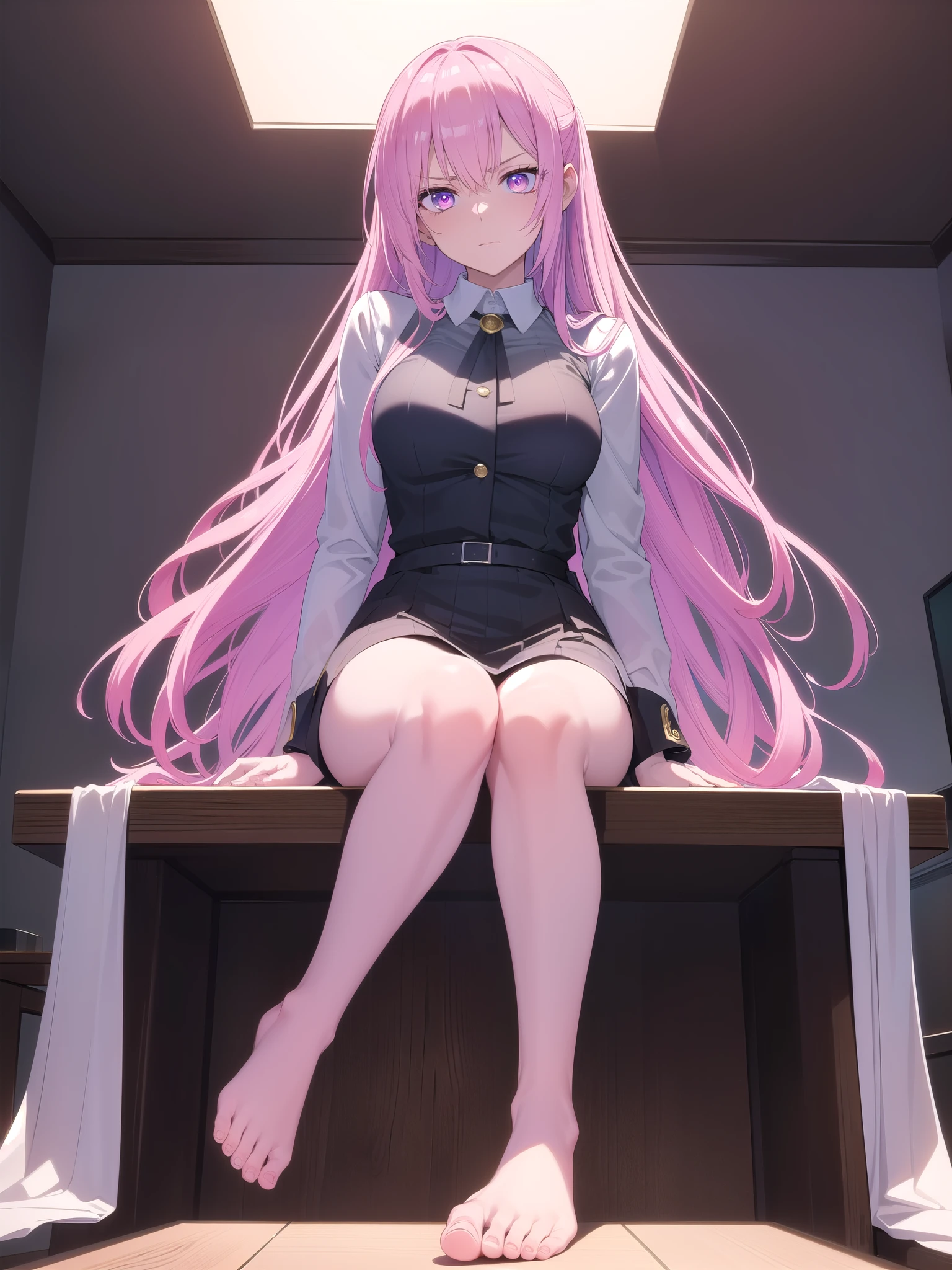 (masterpiece, highest quality, Super detailed, best shadow), (detailed background), (Beautiful and detailed face), high contrast, ((cinematic light)), colorful, hyper detail, intricate details, Pixiv Anime Realism Trend, Depth of the bounds written, 1 girl, alone, (ara ara mature femdom look), boss, chief executive officer(CEO), presence of a goddess, Demanding gaze Domineering, domineering and seductive expression, (perfect beautiful face), presence of royalty, pink eyes, very long hair), feet, perfect feet. 素feetの裏, 5 fingers, tower over you, sitting on the desk, office