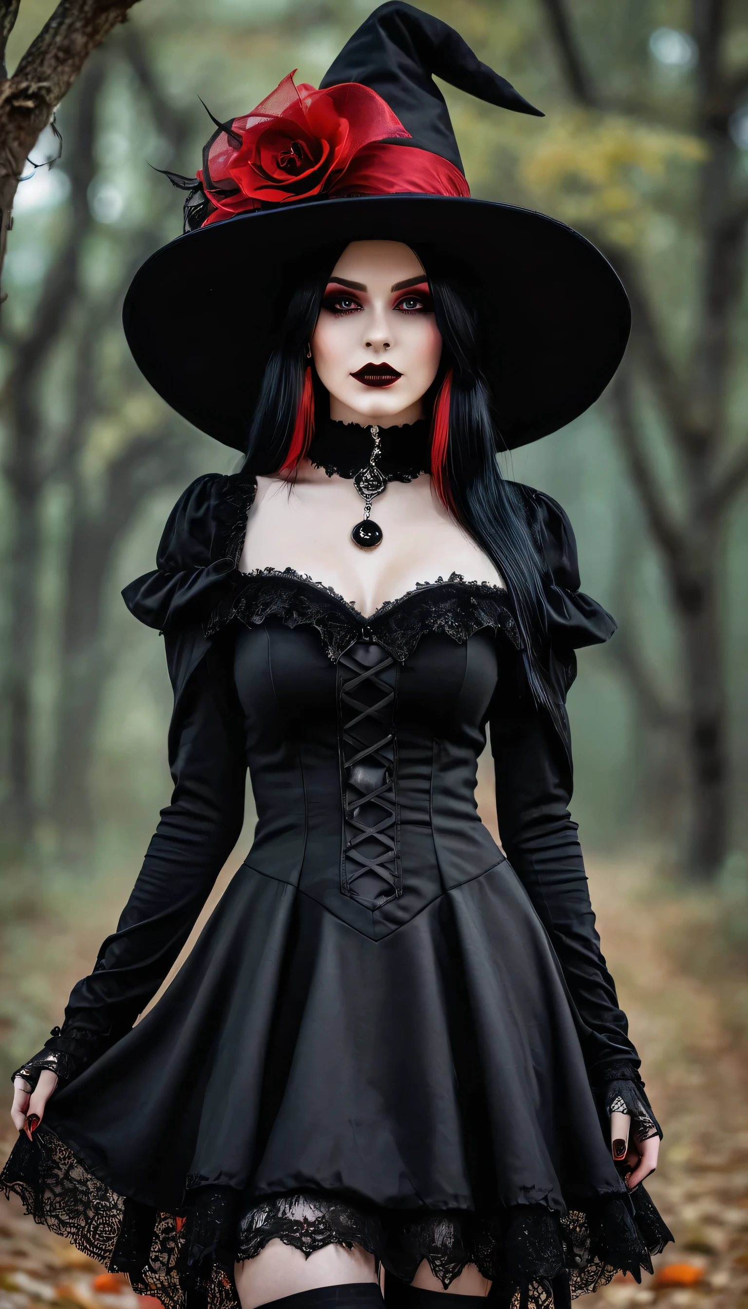 arafed woman in a black dress and hat with a red hat, gothic outfit, fashionable dark witch, witchcore clothes, gothic!!, goth chic, fantasy outfit, gothic girl, gothic regal, imvu, gothic maiden, gothic regal and tattered black, in a halloween style, gothic dress, gothic style, red and black costume!!!, gothic horror vibes