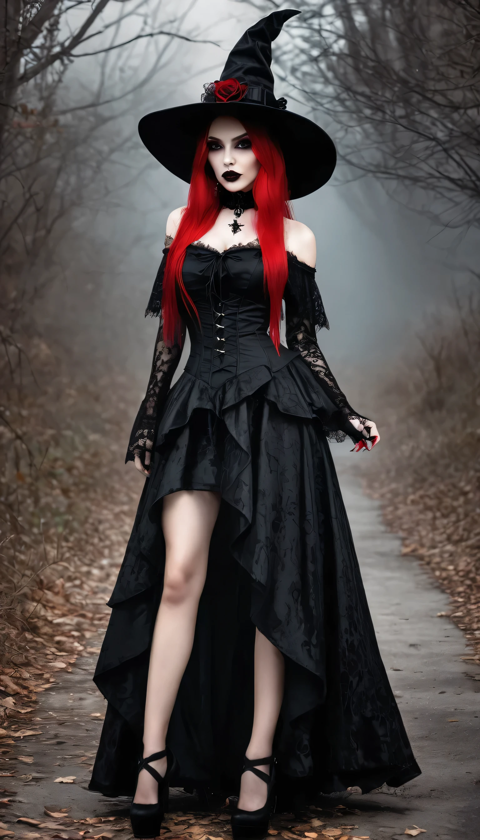 arafed woman in a black dress and hat with a red hat, gothic outfit, fashionable dark witch, witchcore clothes, gothic!!, goth chic, fantasy outfit, gothic girl, gothic regal, imvu, gothic maiden, gothic regal and tattered black, in a halloween style, gothic dress, gothic style, red and black costume!!!, gothic horror vibes
