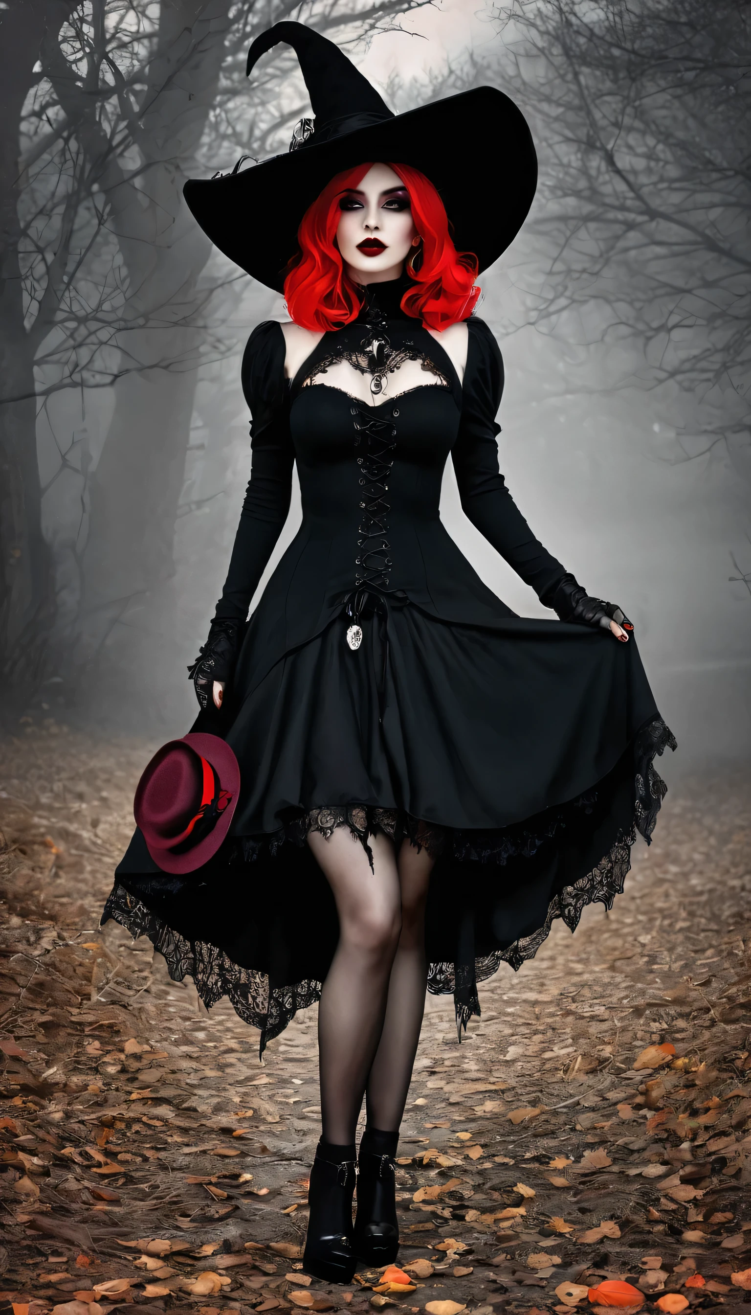 arafed woman in a black dress and hat with a red hat, gothic outfit, fashionable dark witch, witchcore clothes, gothic!!, goth chic, fantasy outfit, gothic girl, gothic regal, imvu, gothic maiden, gothic regal and tattered black, in a halloween style, gothic dress, gothic style, red and black costume!!!, gothic horror vibes
