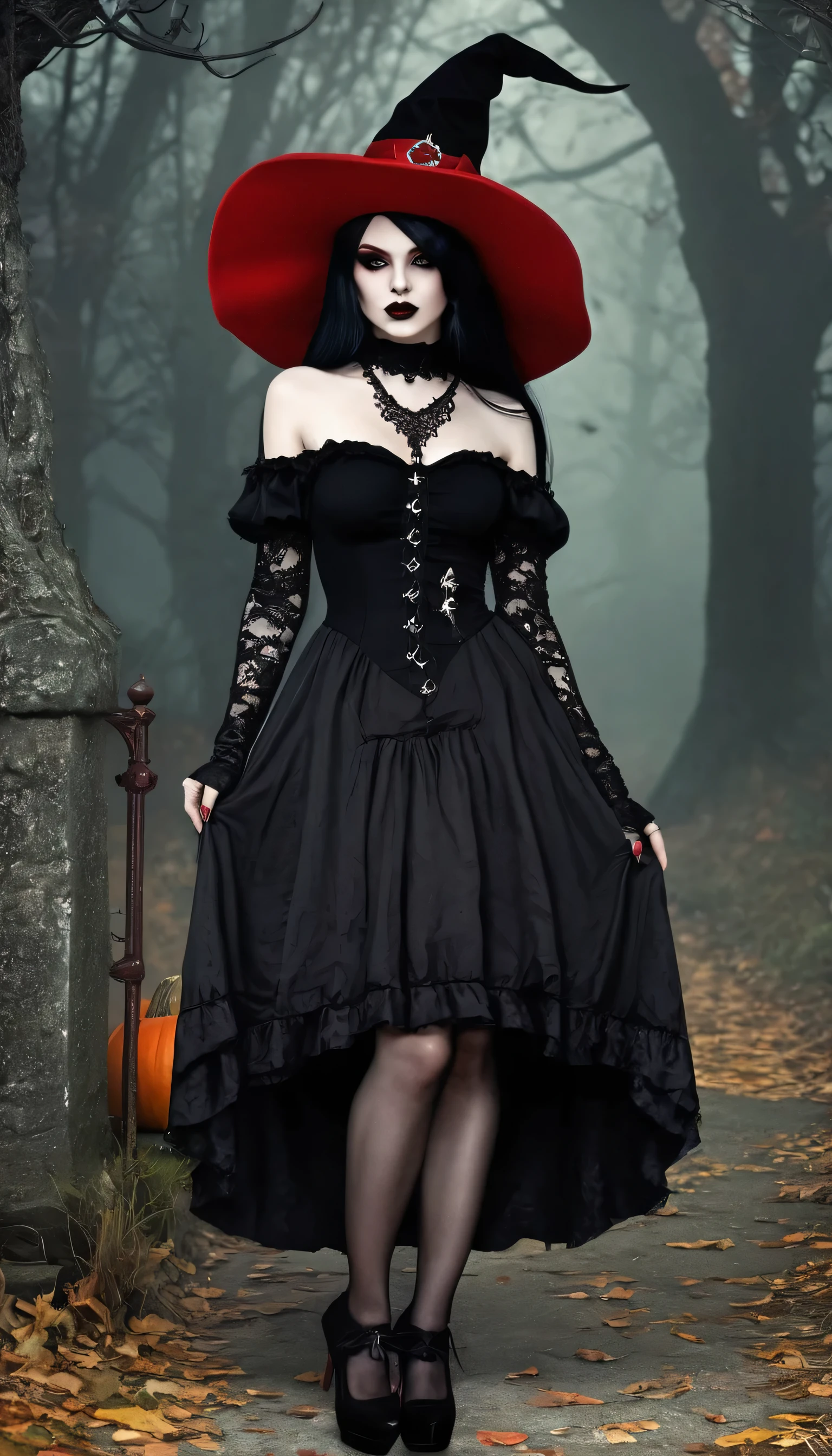 arafed woman in a black dress and hat with a red hat, gothic outfit, fashionable dark witch, witchcore clothes, gothic!!, goth chic, fantasy outfit, gothic girl, gothic regal, imvu, gothic maiden, gothic regal and tattered black, in a halloween style, gothic dress, gothic style, red and black costume!!!, gothic horror vibes