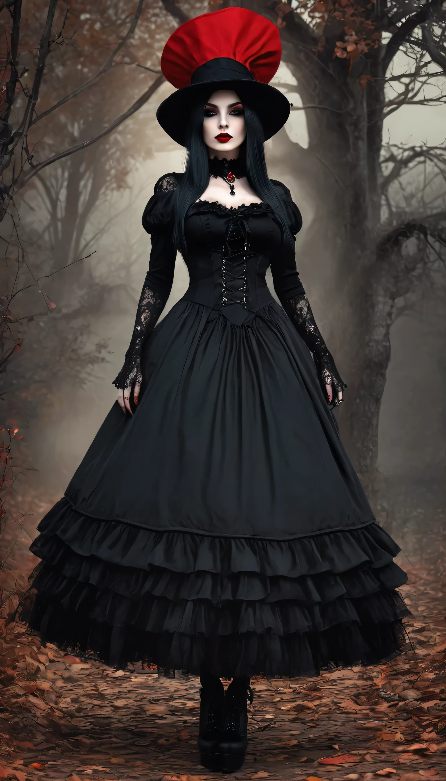 arafed woman in a black dress and hat with a red hat, gothic outfit, fashionable dark witch, witchcore clothes, gothic!!, goth chic, fantasy outfit, gothic girl, gothic regal, imvu, gothic maiden, gothic regal and tattered black, in a halloween style, gothic dress, gothic style, red and black costume!!!, gothic horror vibes