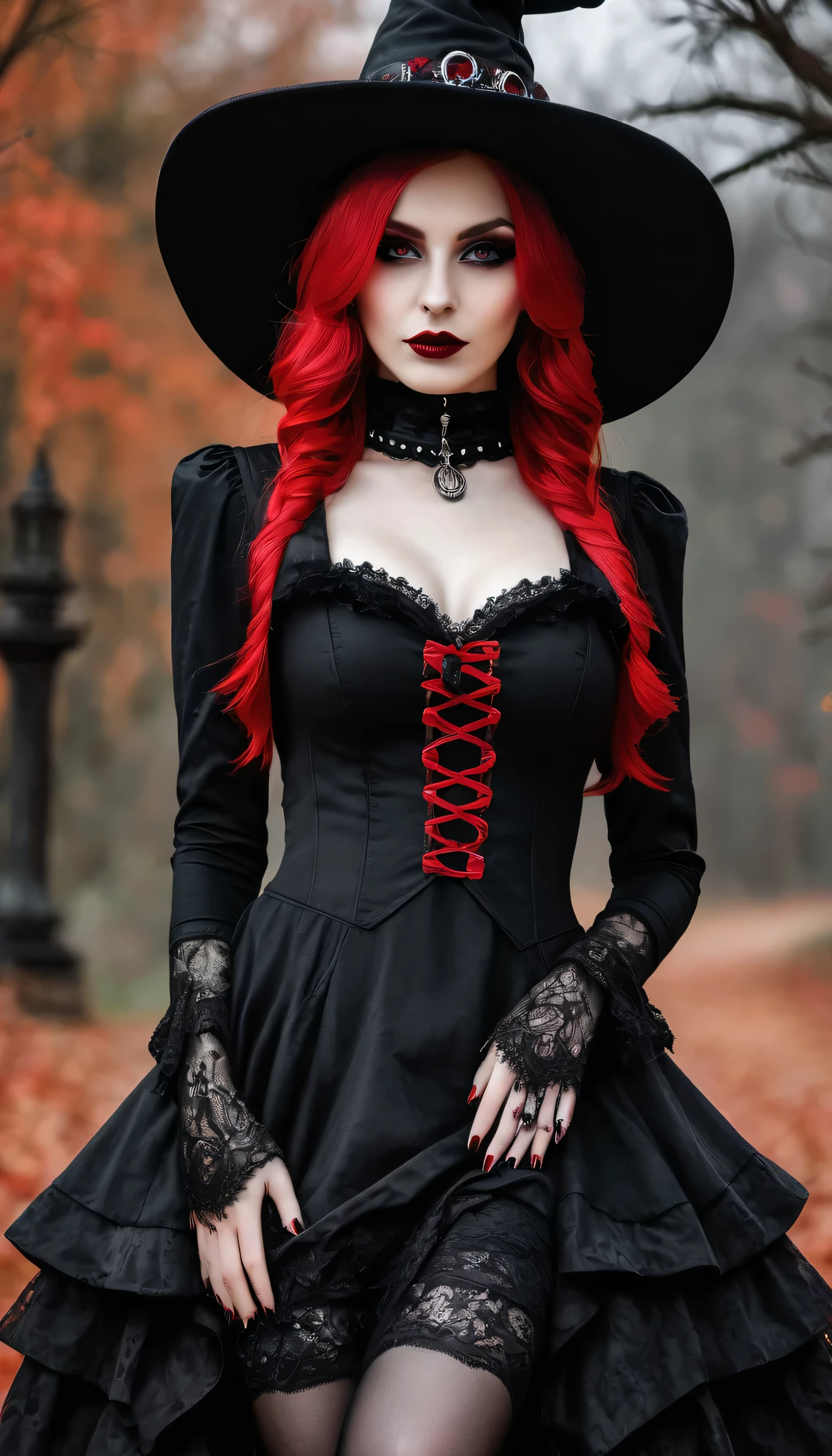 arafed woman in a black dress and hat with a red hat, gothic outfit, fashionable dark witch, witchcore clothes, gothic!!, goth chic, fantasy outfit, gothic girl, gothic regal, imvu, gothic maiden, gothic regal and tattered black, in a halloween style, gothic dress, gothic style, red and black costume!!!, gothic horror vibes