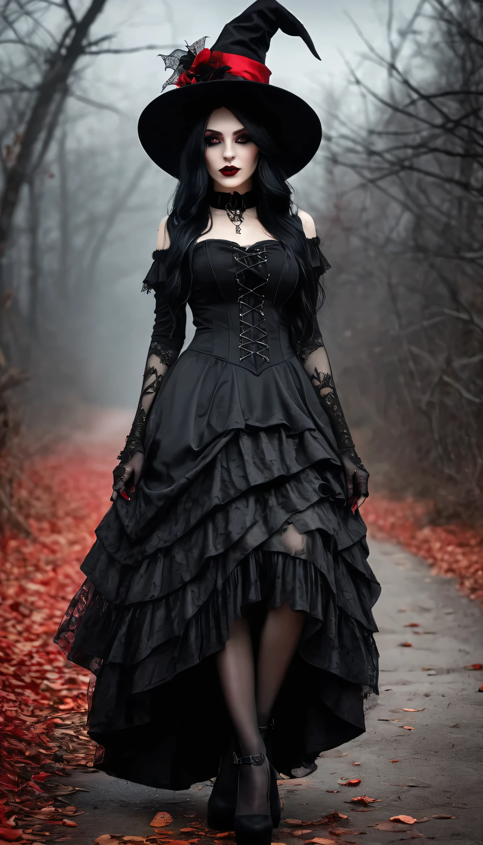 arafed woman in a black dress and hat with a red hat, gothic outfit, fashionable dark witch, witchcore clothes, gothic!!, goth chic, fantasy outfit, gothic girl, gothic regal, imvu, gothic maiden, gothic regal and tattered black, in a halloween style, gothic dress, gothic style, red and black costume!!!, gothic horror vibes