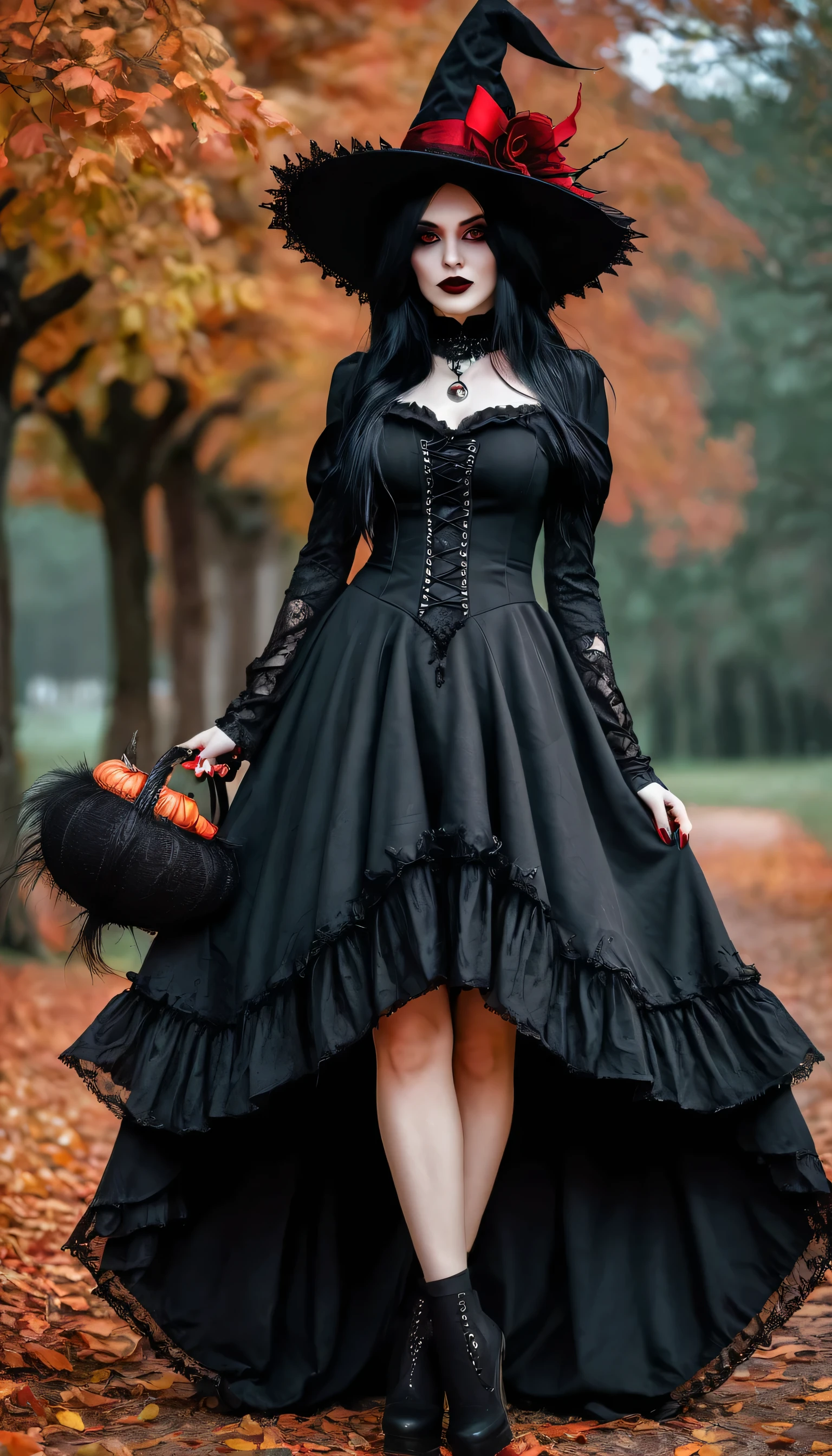 arafed woman in a black dress and hat with a red hat, gothic outfit, fashionable dark witch, witchcore clothes, gothic!!, goth chic, fantasy outfit, gothic girl, gothic regal, imvu, gothic maiden, gothic regal and tattered black, in a halloween style, gothic dress, gothic style, red and black costume!!!, gothic horror vibes