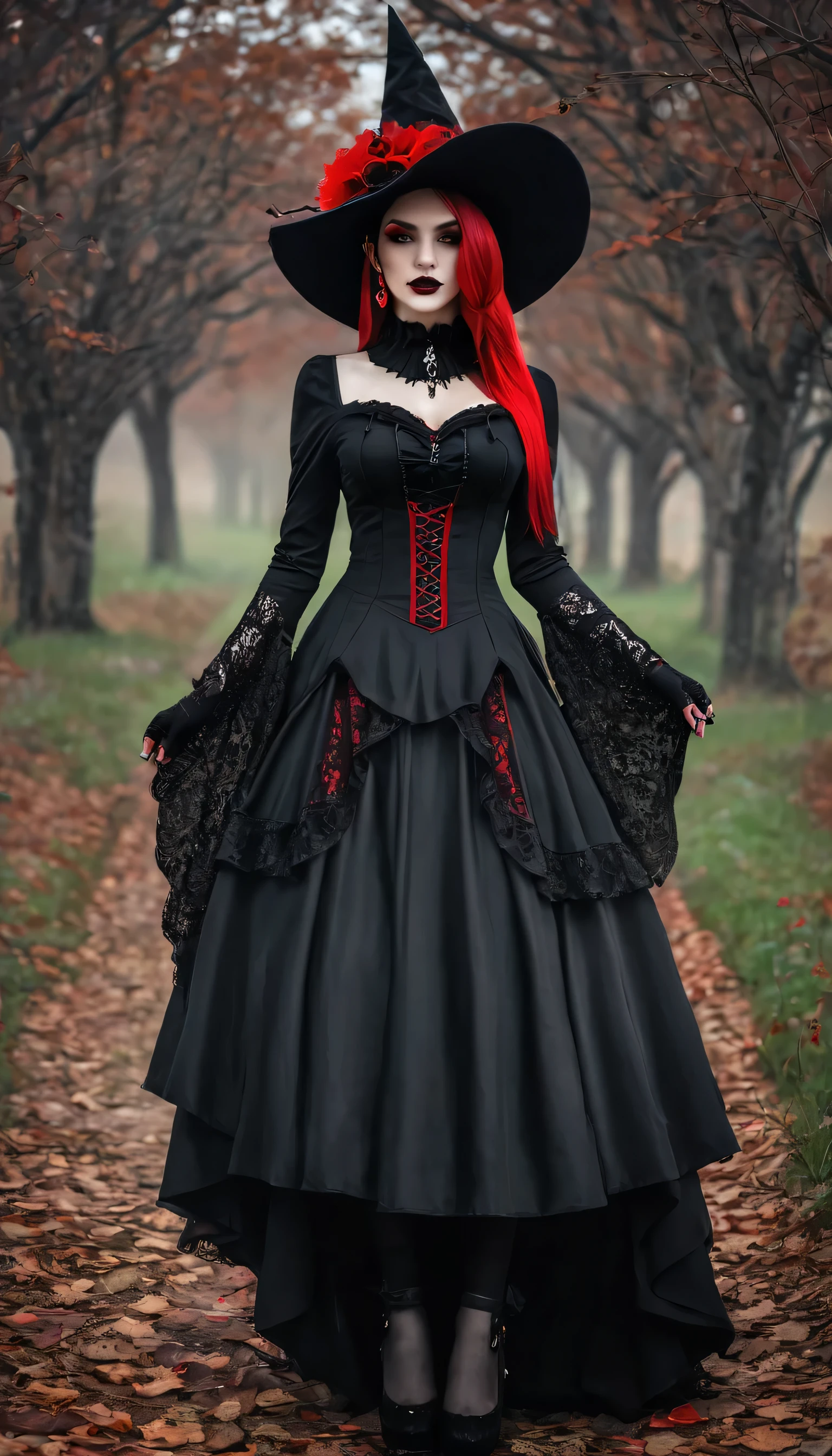 arafed woman in a black dress and hat with a red hat, gothic outfit, fashionable dark witch, witchcore clothes, gothic!!, goth chic, fantasy outfit, gothic girl, gothic regal, imvu, gothic maiden, gothic regal and tattered black, in a halloween style, gothic dress, gothic style, red and black costume!!!, gothic horror vibes