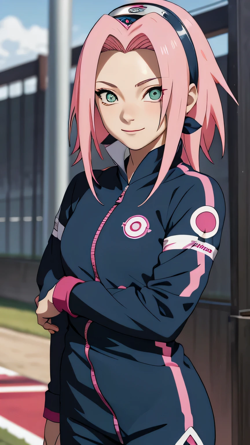 tmasterpiece, Best quality at best, 1girll,Sakura Haruno,Raised sexy,is shy,ssmile,with pink hair, long whitr hair, (Green eyeballs:1.4),blue Forehead protection, race track, standing touching race car,long sleeve, blue colour race suit,full zipper