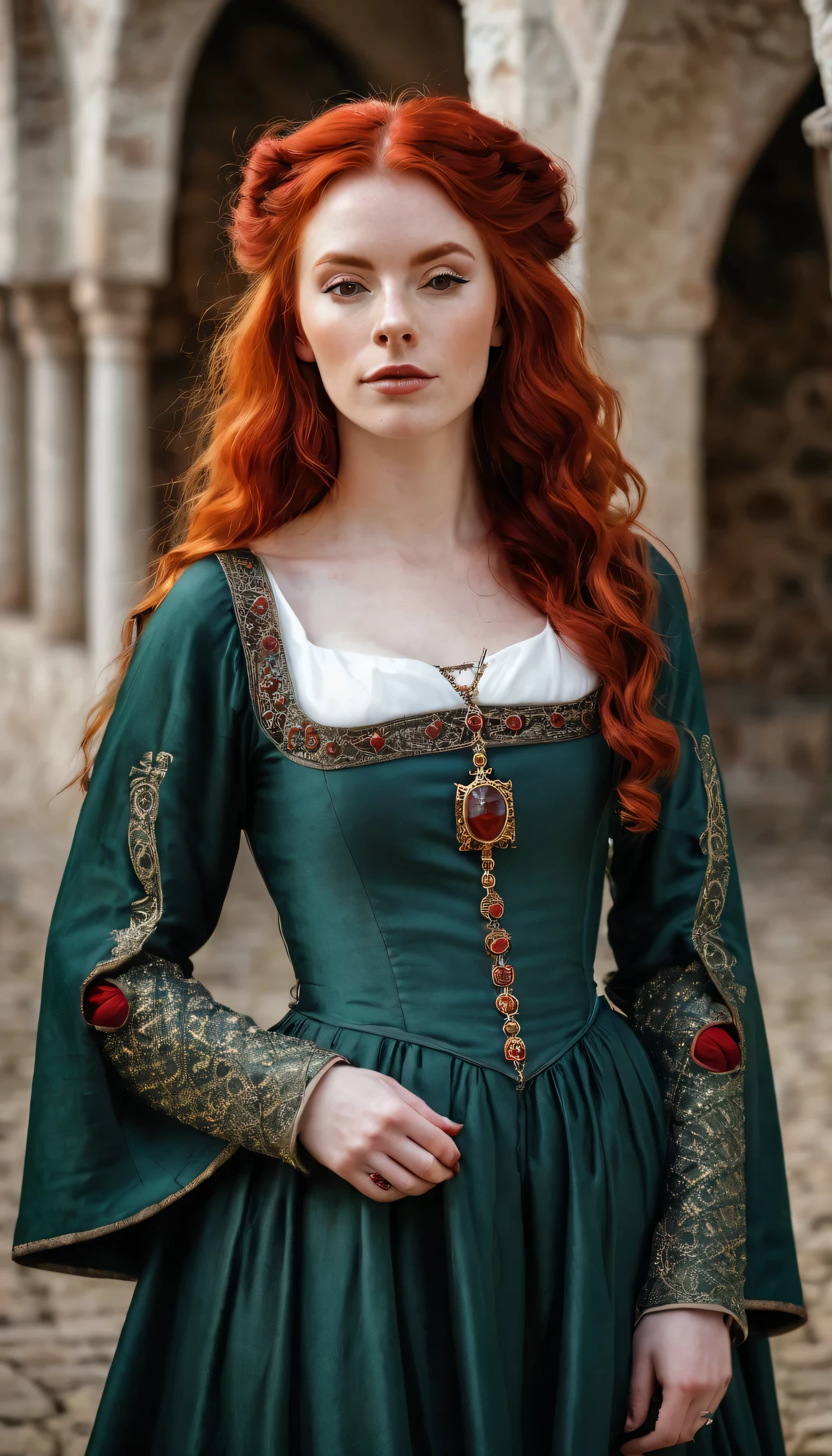 Beautiful medieval dresses worn by gorgeous red hair woman