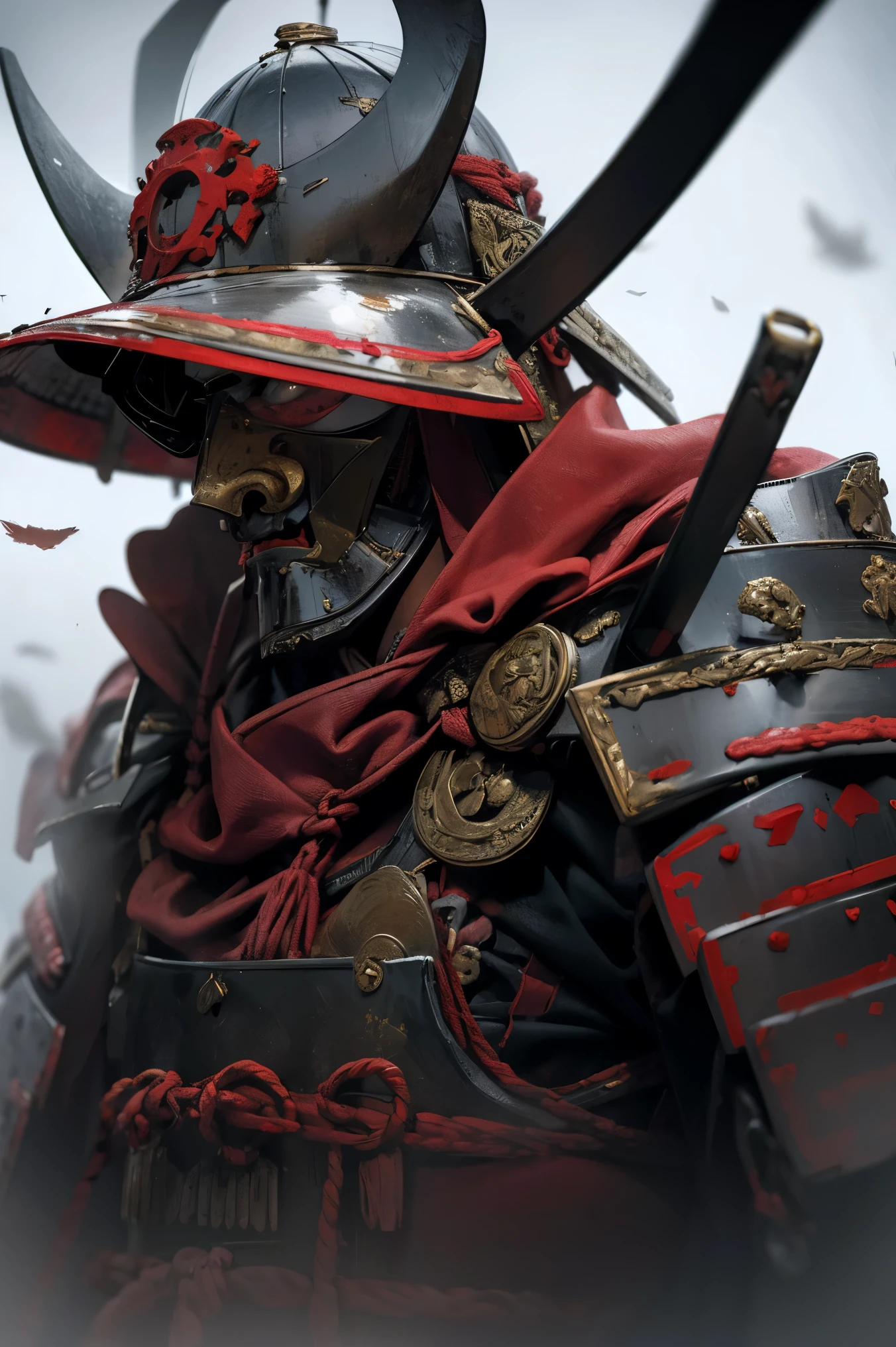 fallen samurai,ascuas,gloomy and creepy atmosphere,red samurai,dramatic lighting,Armadura roja agrietada, Detalles intrincados,Una batalla perdida,Gloria que se desvanece,sombras fantasmales,fondo brumoso,Face under the mask,Casco majestuoso,Una figura,humo ascendente,Destino condenado,gloomy ruins,majestic composition,Honor militar,soledad,Firefighting,Una presencia siniestra,ceniza y humo,Tierra ensangrentada,armadura desgastada,determination,Glifo de coraje,The end of the samurai era,Un campo de batalla devastado, parado en medio del campo de batalla [paleta de colores apagados],[tonos tenues],[Intrusive atmosphere:0.9]
