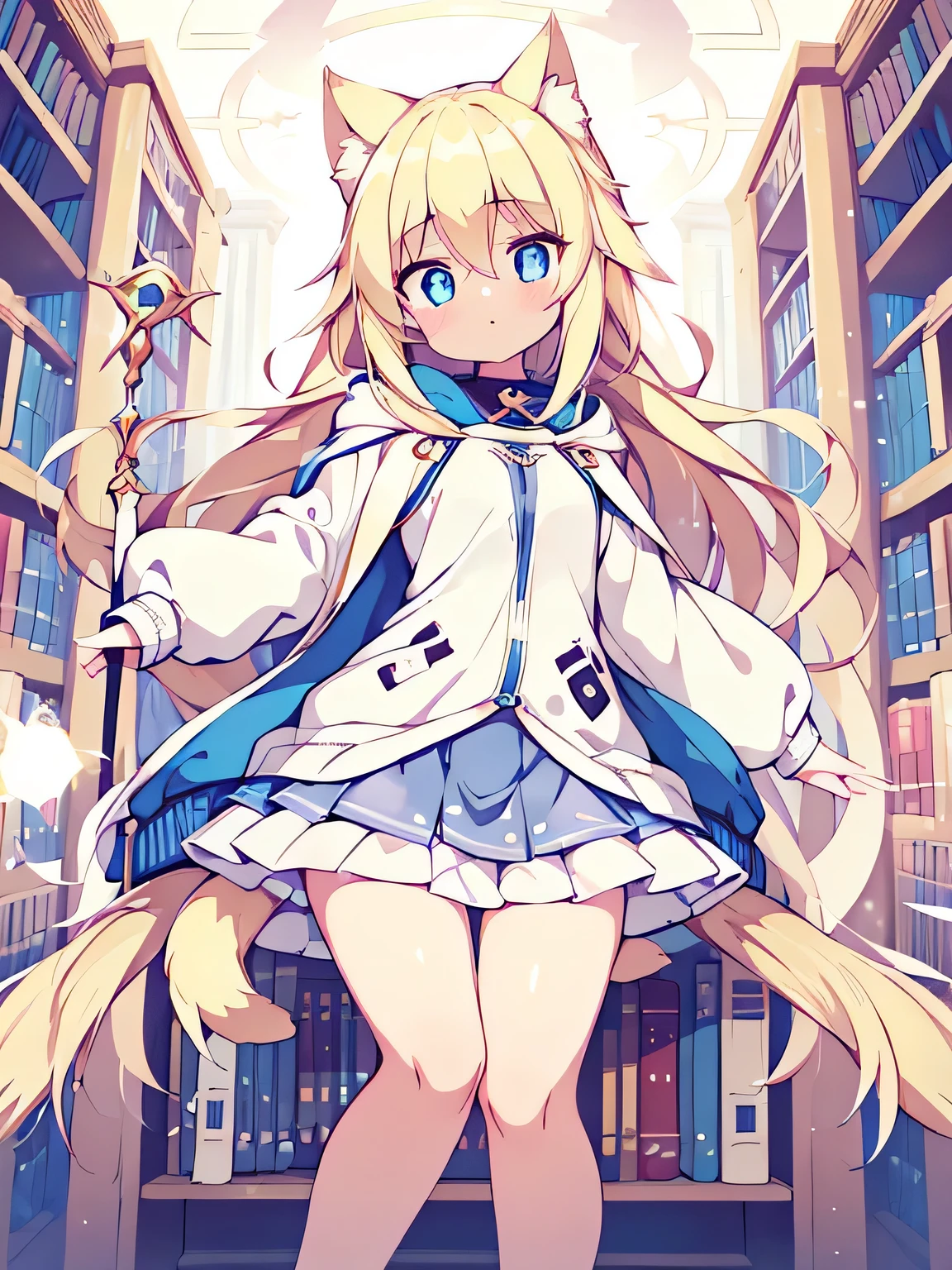 1girl, long beautiful blonde hair, lifeless glowing blue eyes,   body, blank and lifeless face, blank and lifeless eyes, oversized jacket hoodie outfit, short skirt, cute girl, flats chest, magical library background, casting spell, holding a staff, cat ears and cat tail