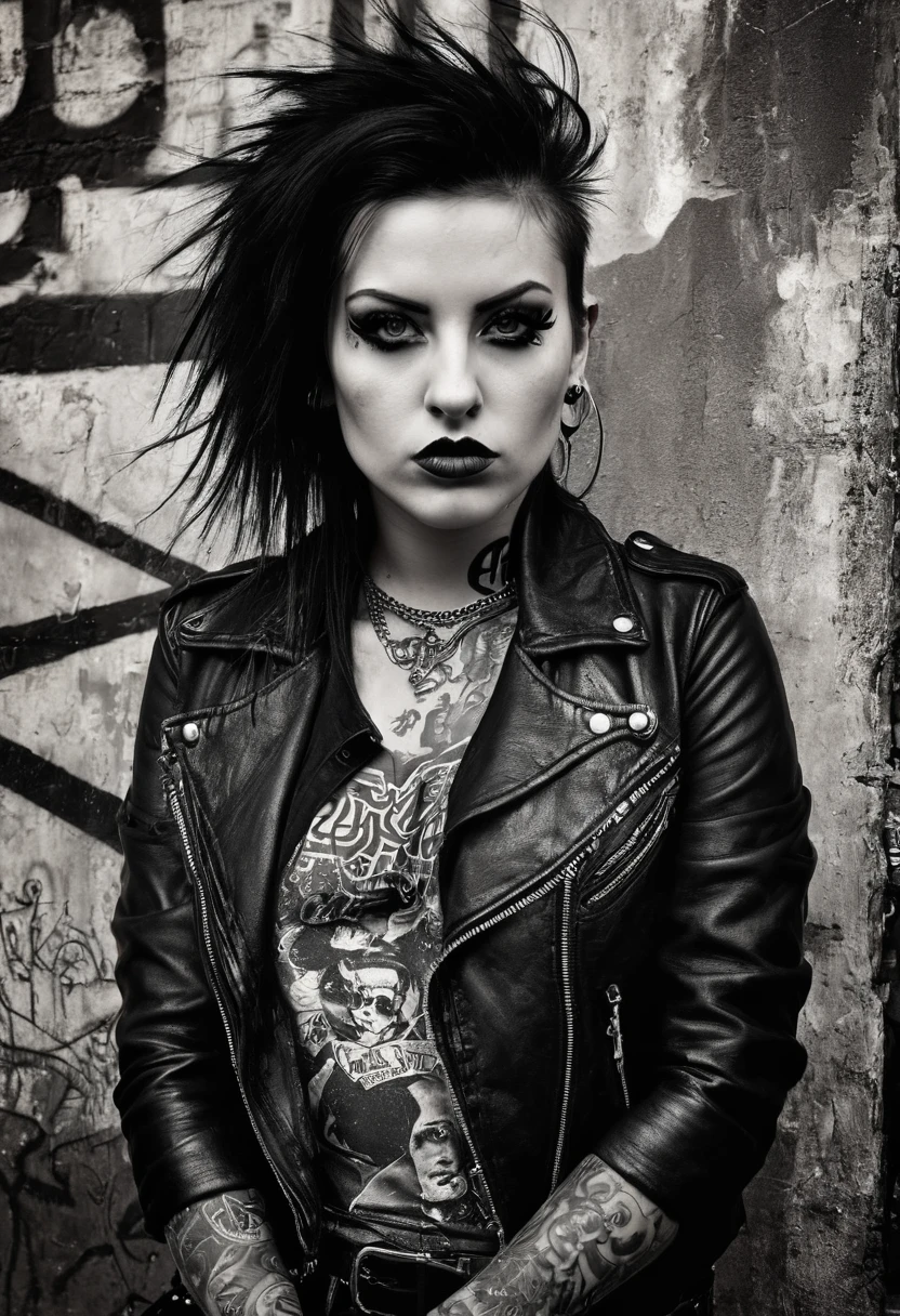 Portrait of a female rocker, expressive eyes, tattoos, attitude, sultry, pictorialism, dystopian, grim dark, goth, chiaroscuro, contrast, surrealism, gritty background, , grunge, graffiti