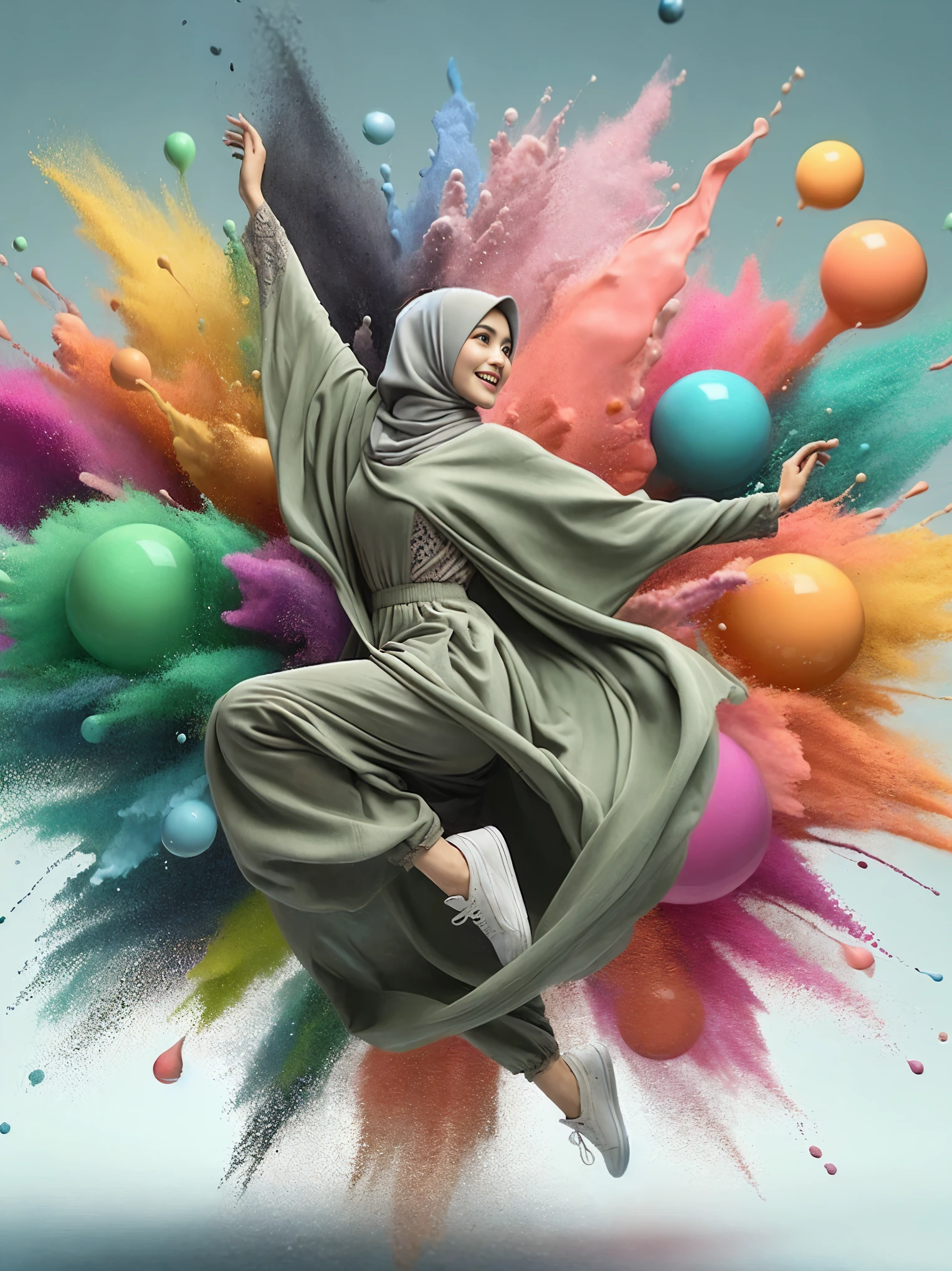 arafed woman in hijab talking on a cell phone with colored paint splashing around her, inspired by JoWOnder, colourfull, inspired by Rudy Siswanto, inspired by Fathi Hassan, with beautiful colors, inspired by Shaddy Safadi, portrait happy colors, realism art, color portrait, by Abidin Dino, inspired by Naza, portrait shot