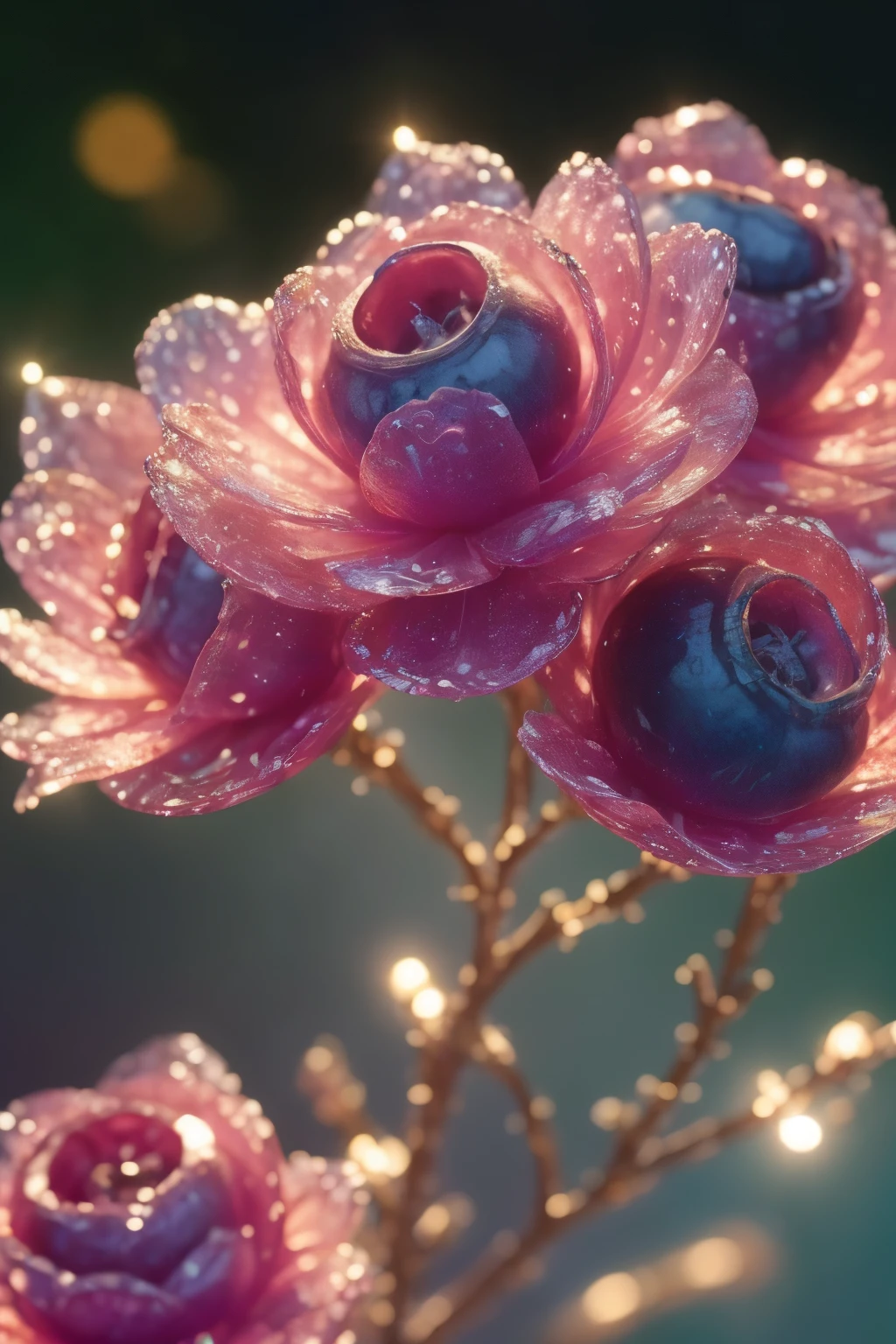 Three vibrant and glowing blueberries float gracefully in the crystal-clear water, capturing the essence of a refreshing and invigorating moment. The dew drops clinging to their surface glitter in the soft pink lighting, reflecting the sunshine and creating a dynamic, photorealistic image. The flowing water background adds to the sense of movement and energy, making this a stunning product hero shot in motion.

In the style of a vibrant and captivating magazine ad, this macro photography masterpiece showcases the beauty and allure of nature's smallest wonders. The high-definition and detailed realistic skin of the blueberries adds to their irresistible appeal, making this an exceptional