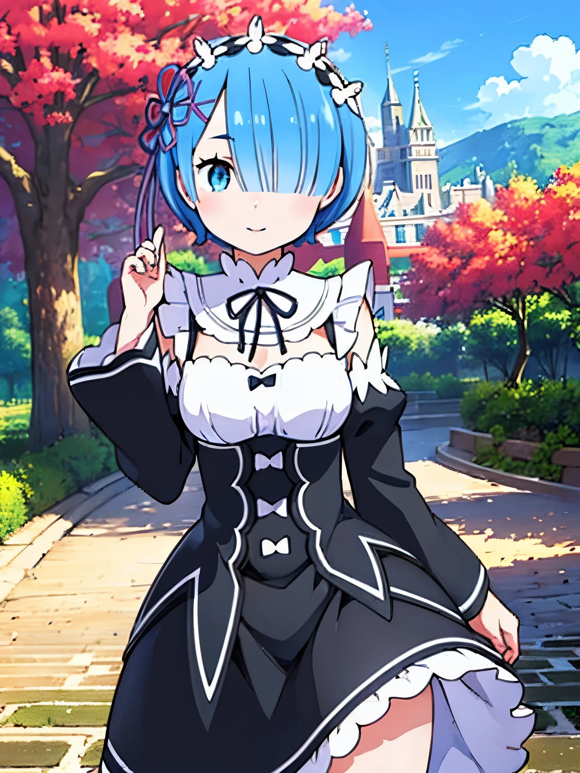 (best quality,ultra-detailed),anime style,blue hair,happy vibrant atmosphere,cute girl walking in a lively plaza,Rem from Re:Zero,beautiful detailed eyes,beautiful detailed lips,expressive face,long eyelashes,stylish clothes,lovely smile,energetic pose,sunshine,clear skies,colorful flowers and trees,cheerful atmosphere,warm sunlight,soft shadows,crystal clear details,expressive lighting,highly realistic,immersive scenery,meticulous attention to detail,vivid colors,happy and joyful ambiance