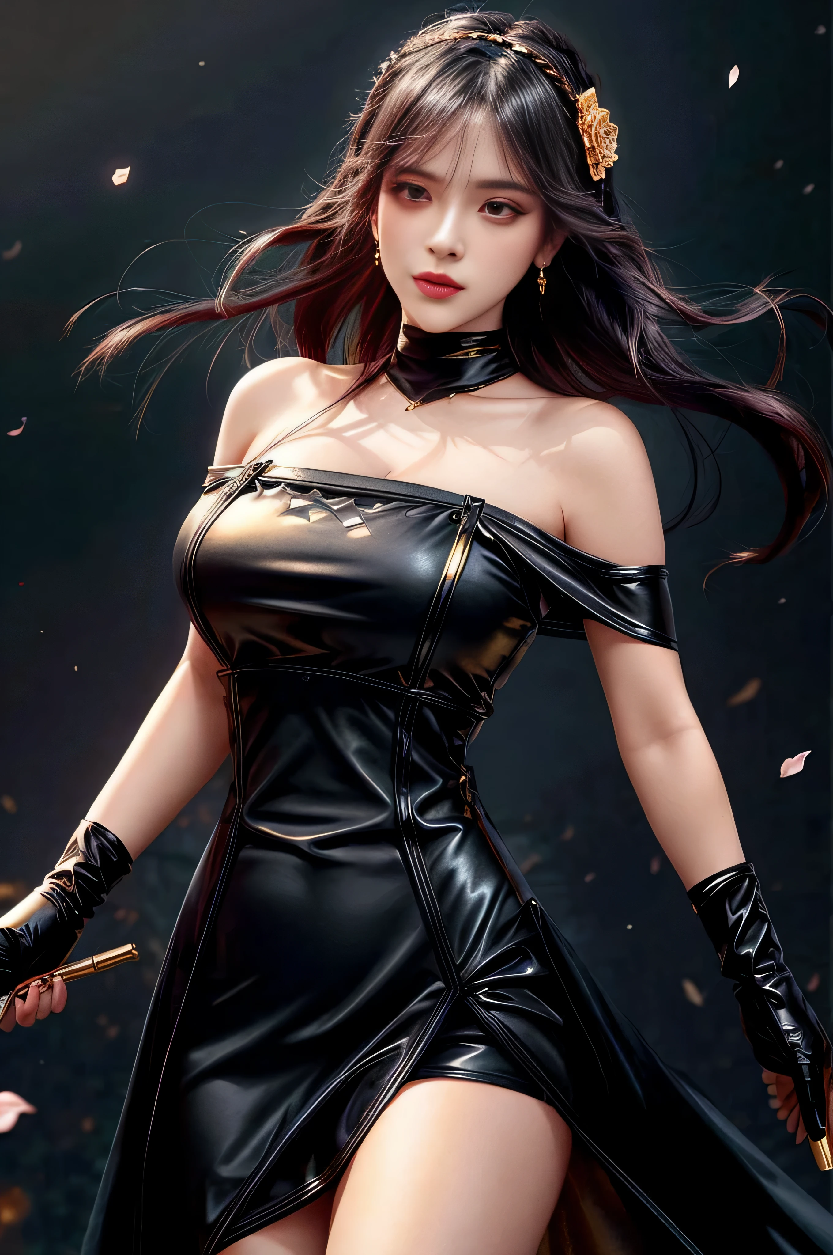 yor briar, (photorealistic), beautiful girl, 

backlighting, bare shoulders, black background, black dress, black gloves, black hair, breasts, closed mouth, cowboy shot, dress, earrings, expressionless, fingerless gloves, floating hair, gloves, gold earrings, gold hairband, hair flower, hair ornament, hairband, jewelry, large breasts, light particles, long hair, looking at viewer, off-shoulder dress, off shoulder, petals, red eyes, short hair with long locks, sidelocks, solo, spikes, thighs, two-sided dress, two-sided fabric

, ((masterpiece))