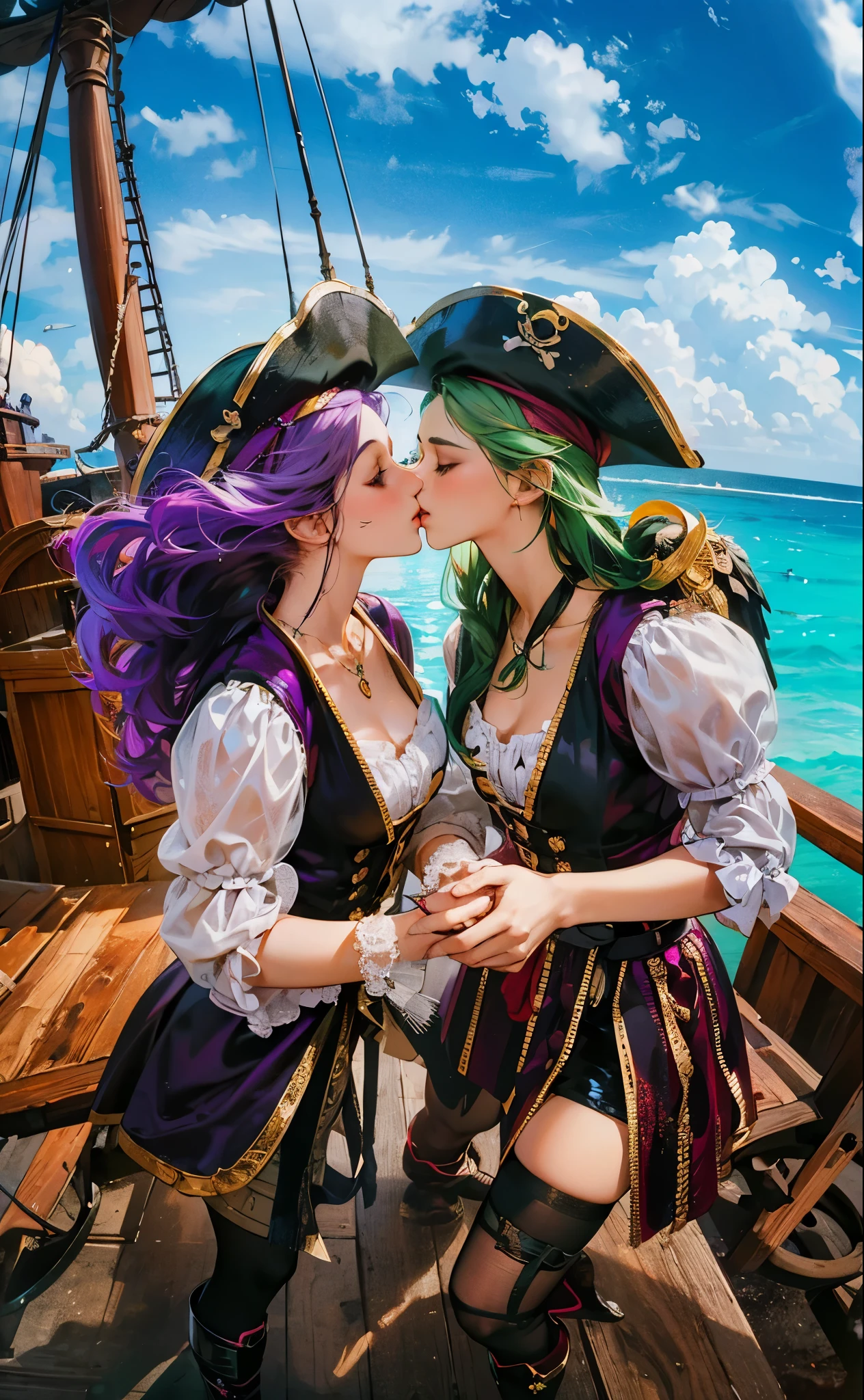 two teen women- kissing in the pirate ship ocean view, ocean background day environment, dynamic angle camera shot, pirate costumes, one has purple hair the other has green hair, 4k, hd, masterpiece, so many details, tripulation pirates, one has a parot on her shoulder