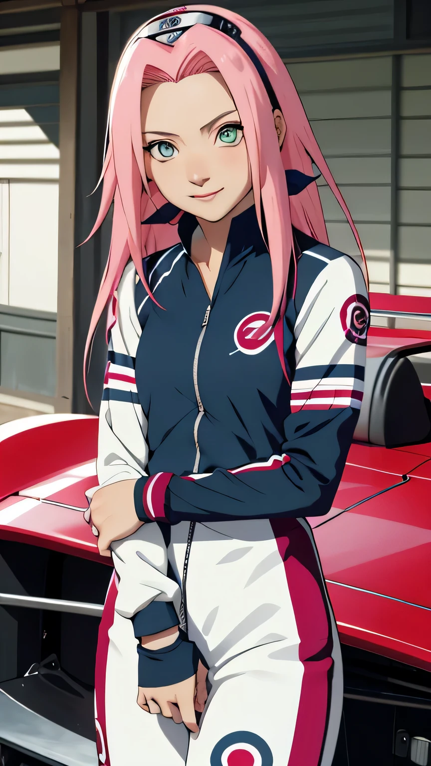tmasterpiece， Best quality at best， 1girll，Sakura Haruno，Raised sexy，is shy，ssmile，with pink hair， long whitr hair， （Green eyeballs:1.4)，blue Forehead protection, race on circuit, standing with her formula car，long sleeve, wearing race suit