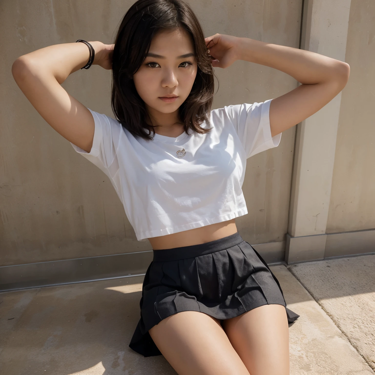 Realistic image of a 16-year-old girl of Asian origin dressed as a  with a very short skirt in a flirtatious position 