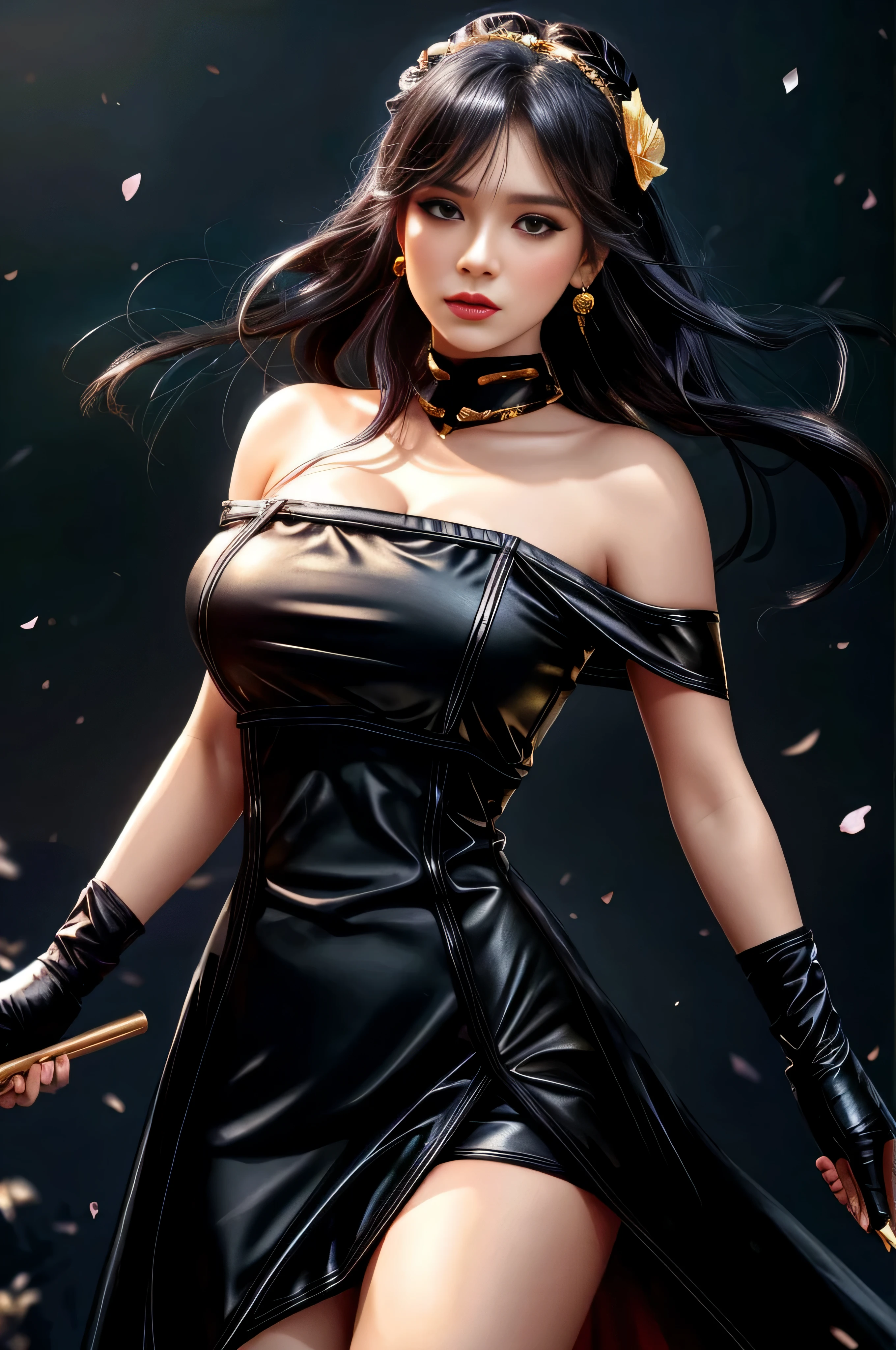 yor briar, (photorealistic), beautiful girl,
backlighting, bare shoulders, black background, black dress, black gloves, black hair, breasts, closed mouth, cowboy shot, dress, earrings, expressionless, fingerless gloves, floating hair, gloves, gold earrings, gold hairband, hair flower, hair ornament, hairband, jewelry, large breasts, light particles, long hair, looking at viewer, off-shoulder dress, off shoulder, petals, red eyes, short hair with long locks, sidelocks, solo, spikes, thighs, two-sided dress, two-sided fabric
, ((masterpiece))